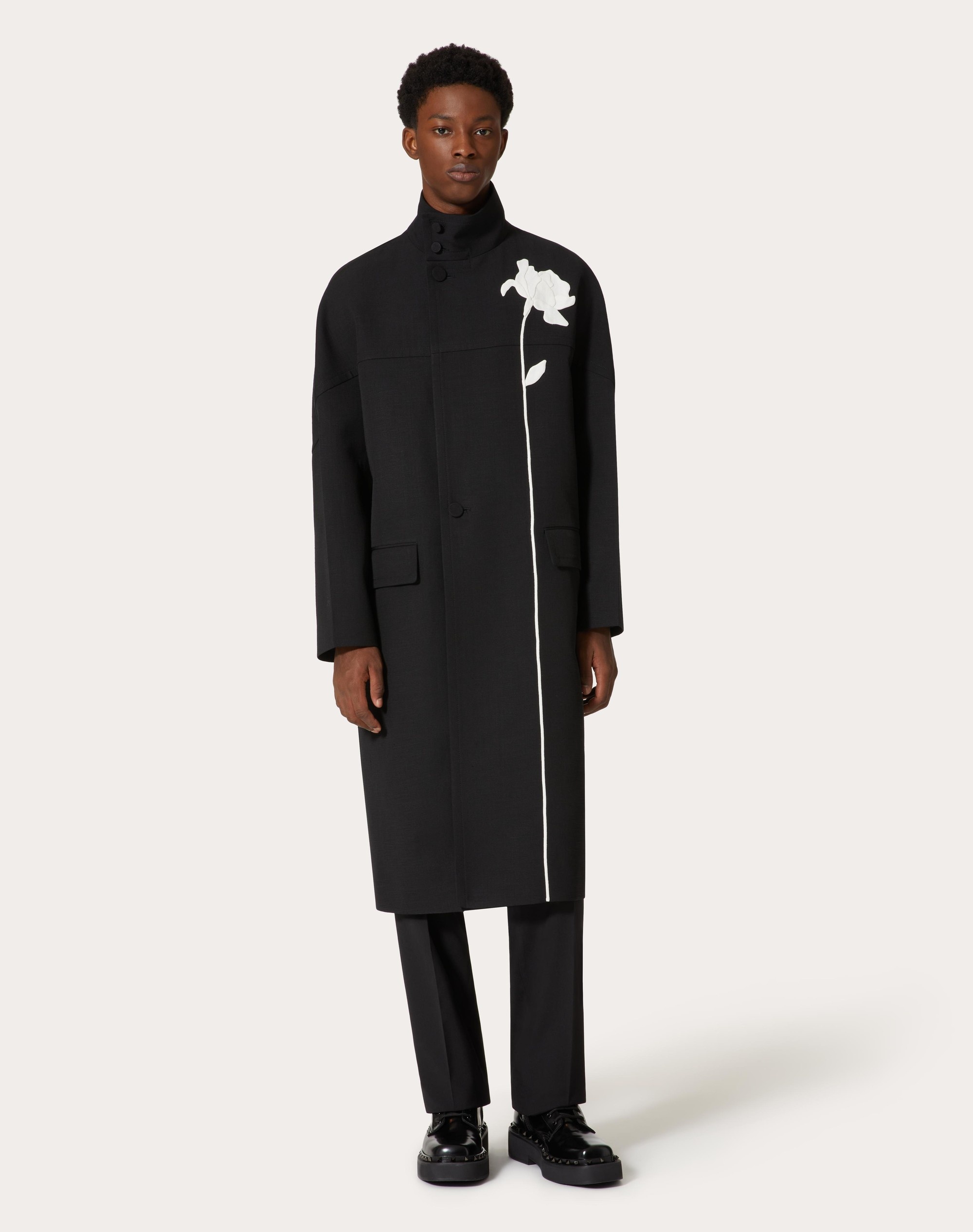 SILK SHANTUNG HIGH-NECK CABAN WITH FLOWER EMBROIDERY - 3