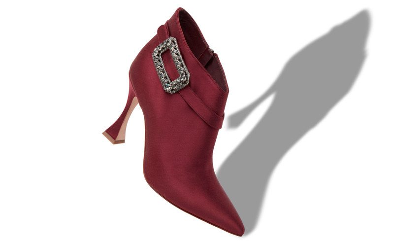 Manolo Blahnik Dark Red Satin Crystal Buckle Ankle Boots outlook