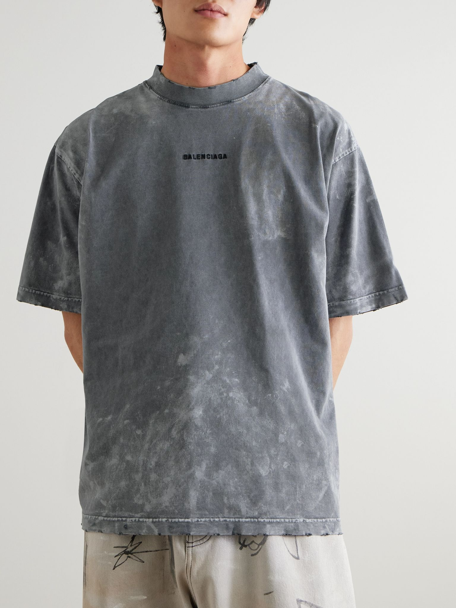 Oversized Distressed Logo-Embroidered Printed Cotton-Jersey T-Shirt Dark gray - 3