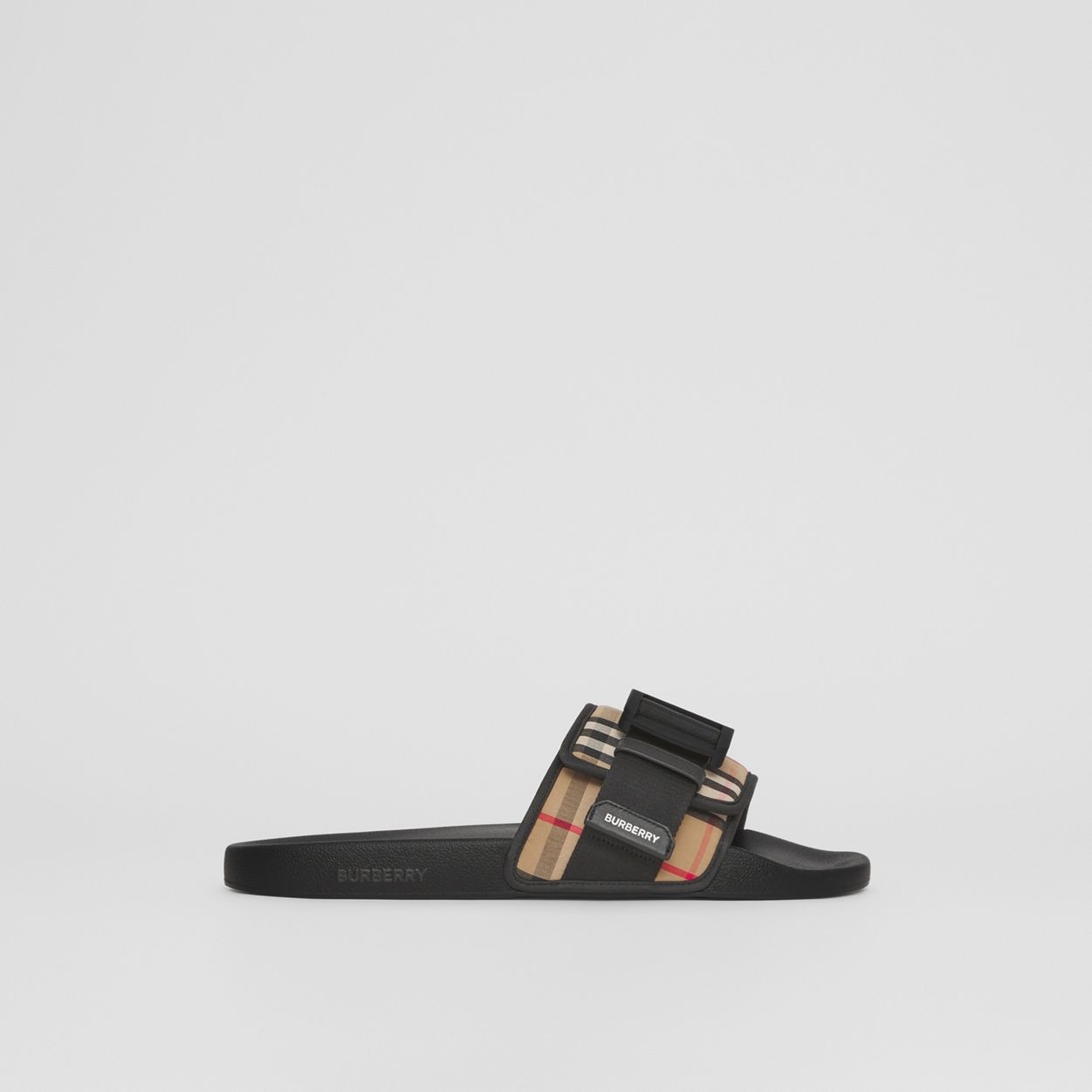 Buckled Strap Vintage Check Cotton Slides - 1