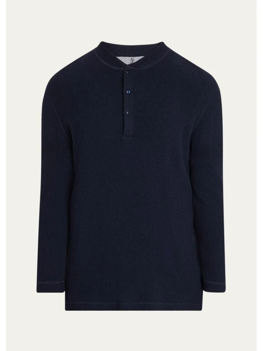 Men's Cashmere and Cotton Waffle-Knit Long-Sleeve Henley T-Shirt - 1