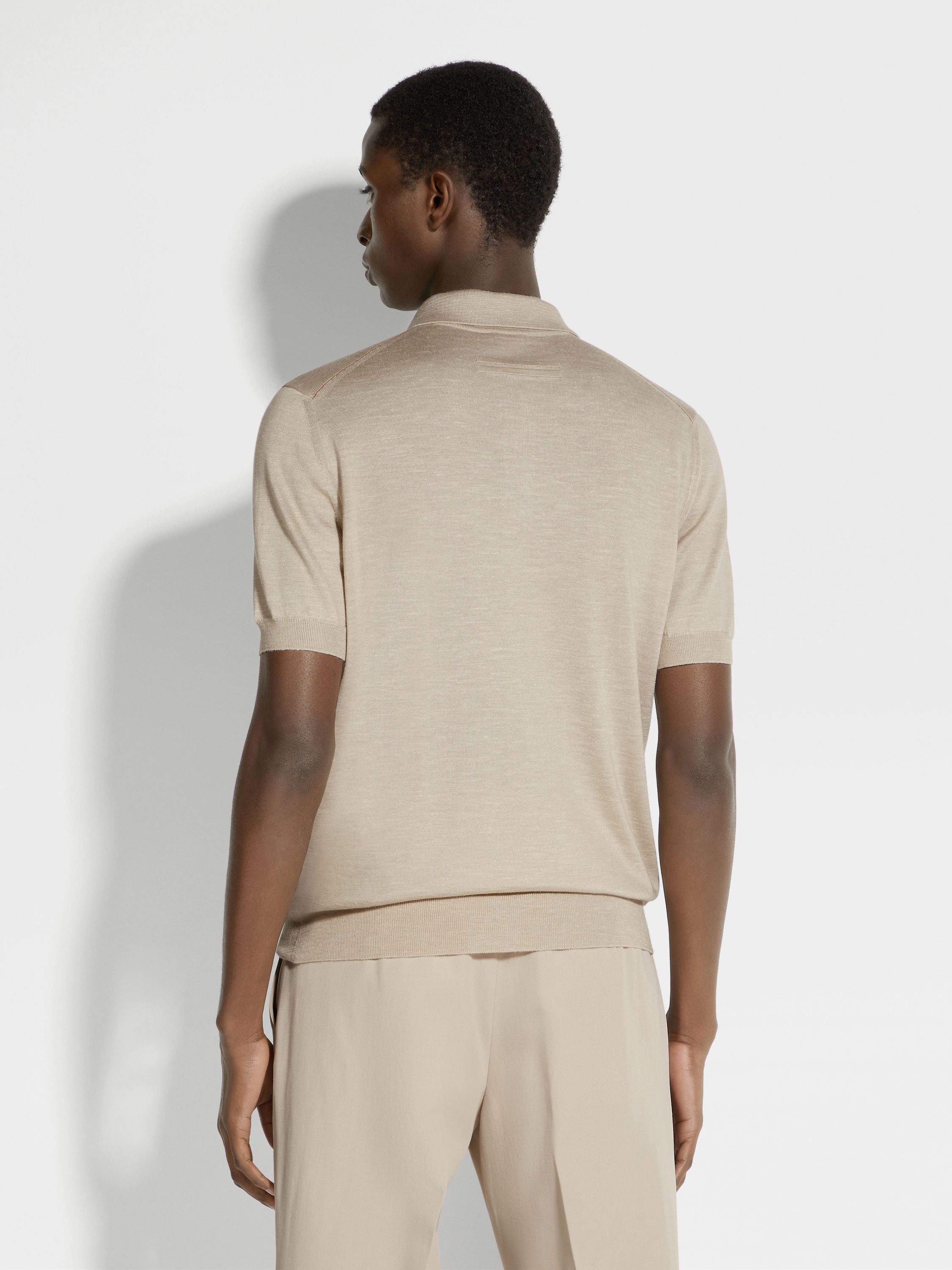 LIGHT BEIGE MÉLANGE SILK CASHMERE AND LINEN POLO SHIRT - 5