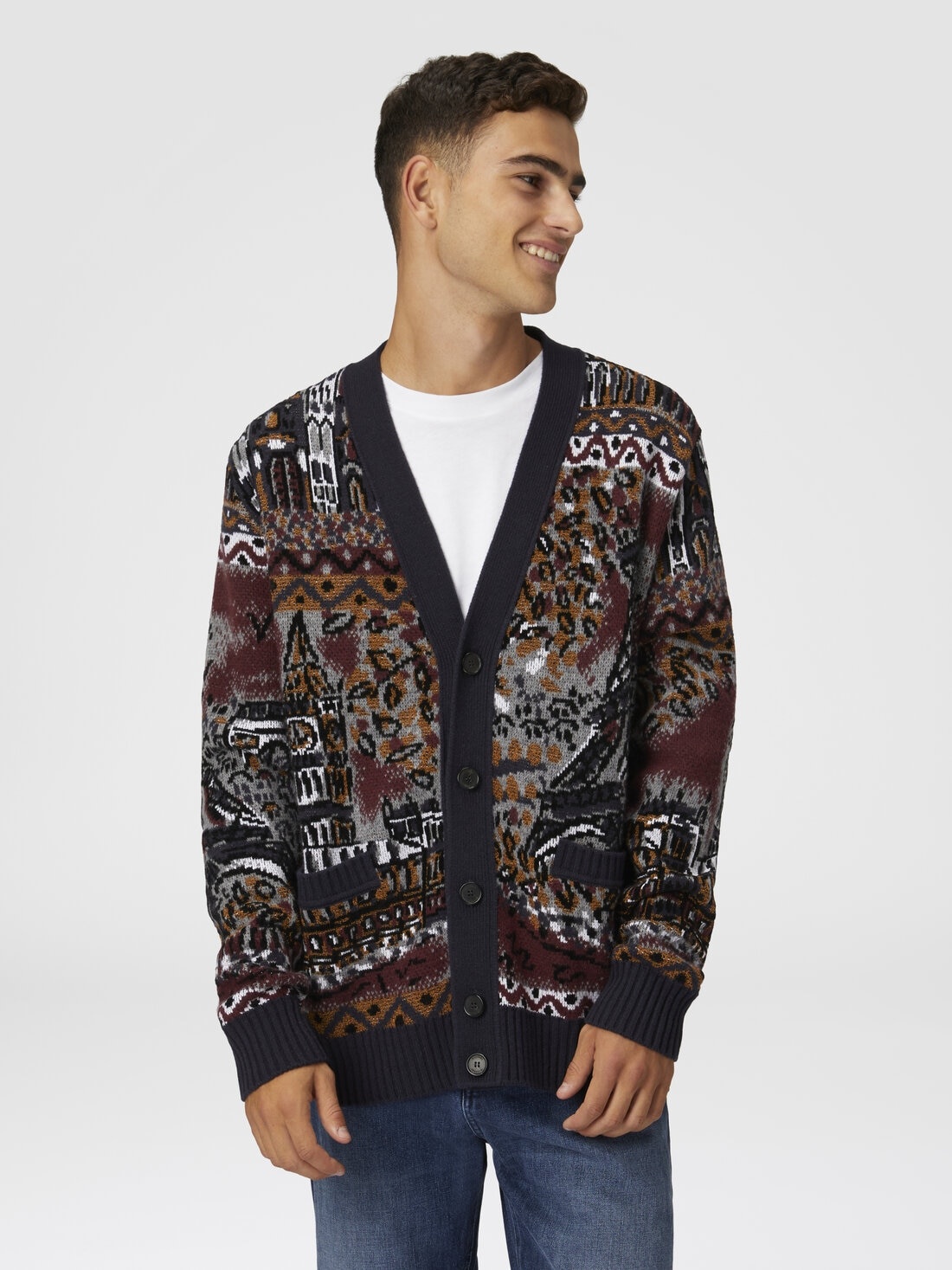Jacquard wool-blend cardigan with postcard motif - 4