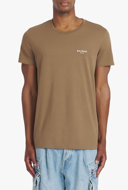 Taupe eco-designed cotton T-shirt with small flocked white Balmain Paris logo - 5