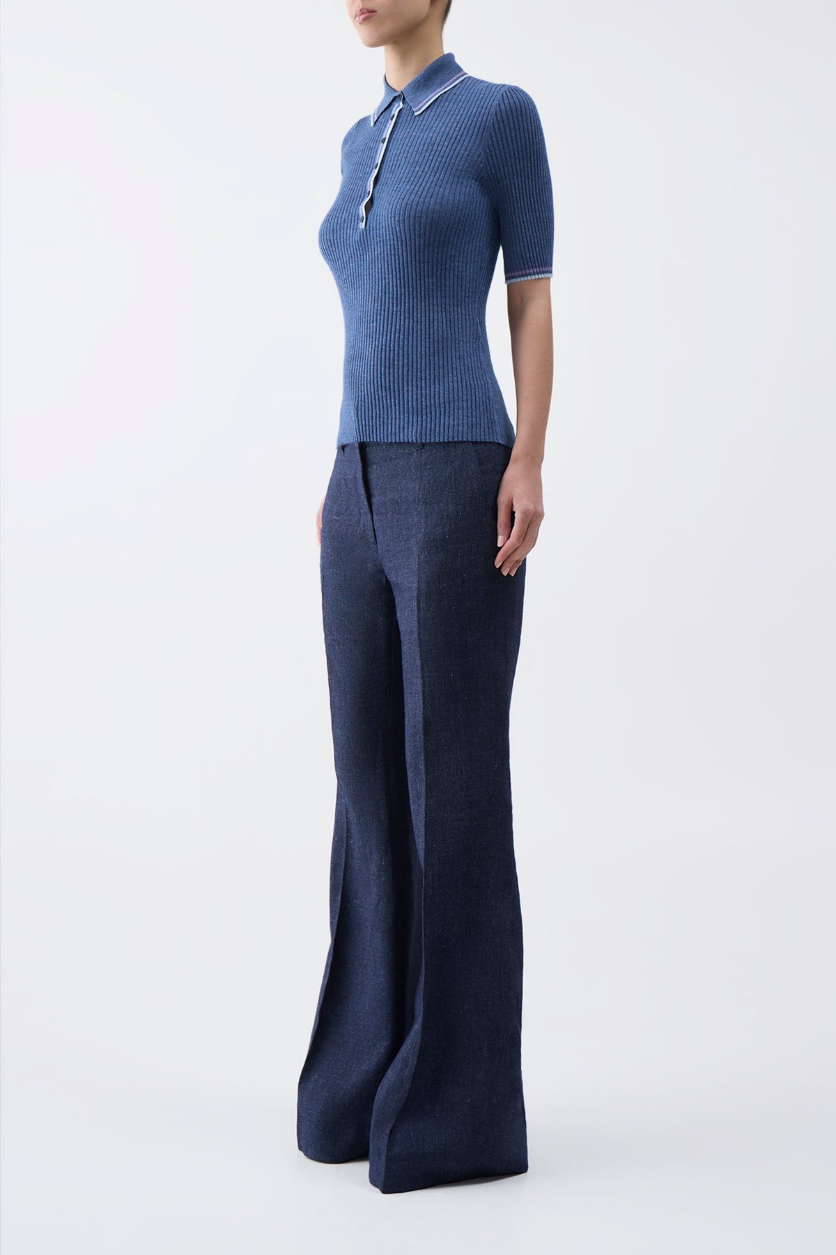 Perro Knit Polo in Denim Blue Cashmere Silk - 3