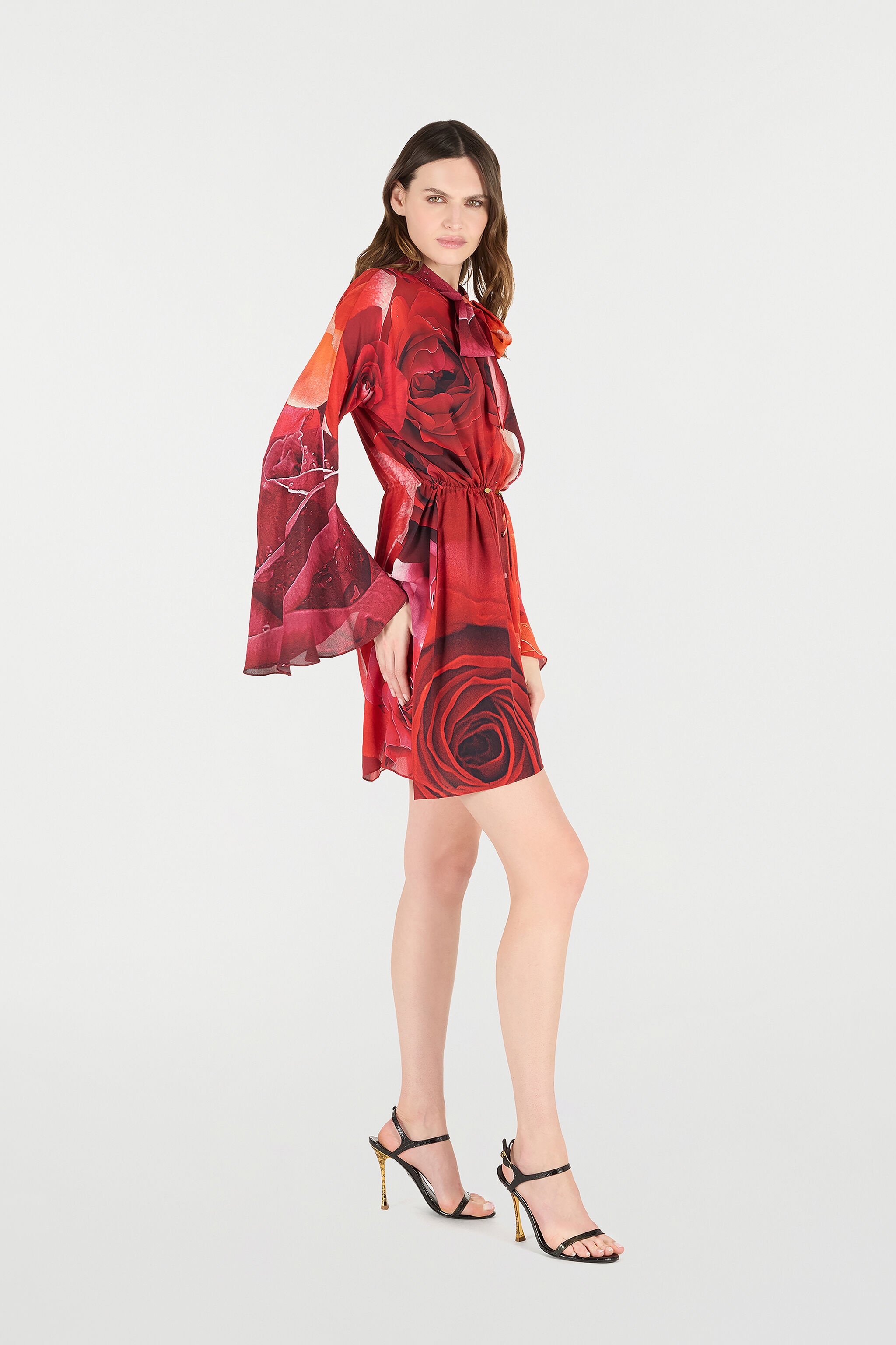 Rose-Print Mini Dress With Pussy-Bow - 3