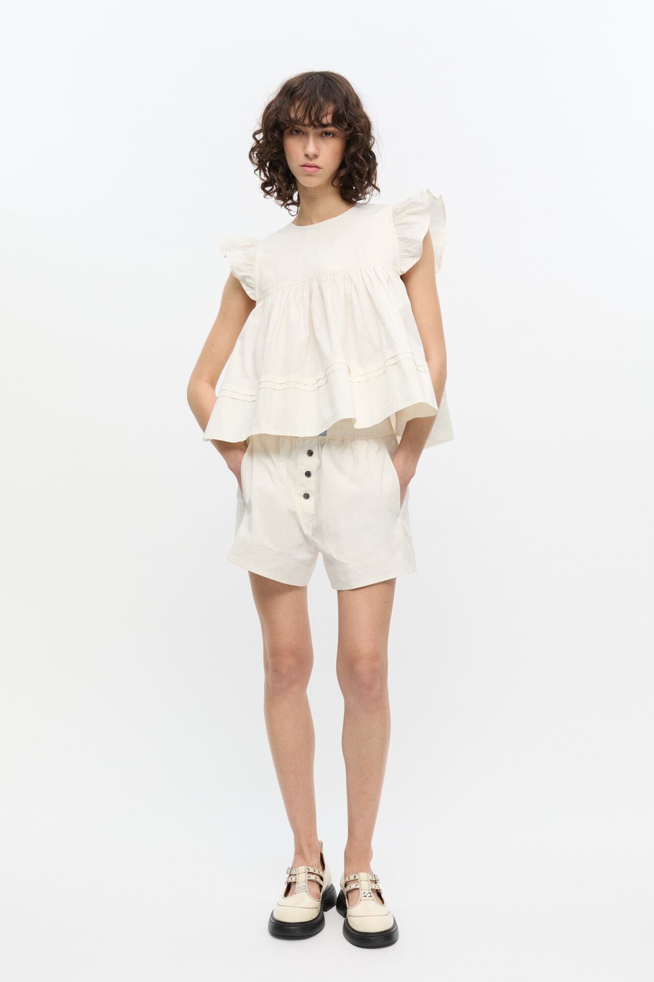 WHITE STRETCH COTTON ELASTICATED SHORTS - 2