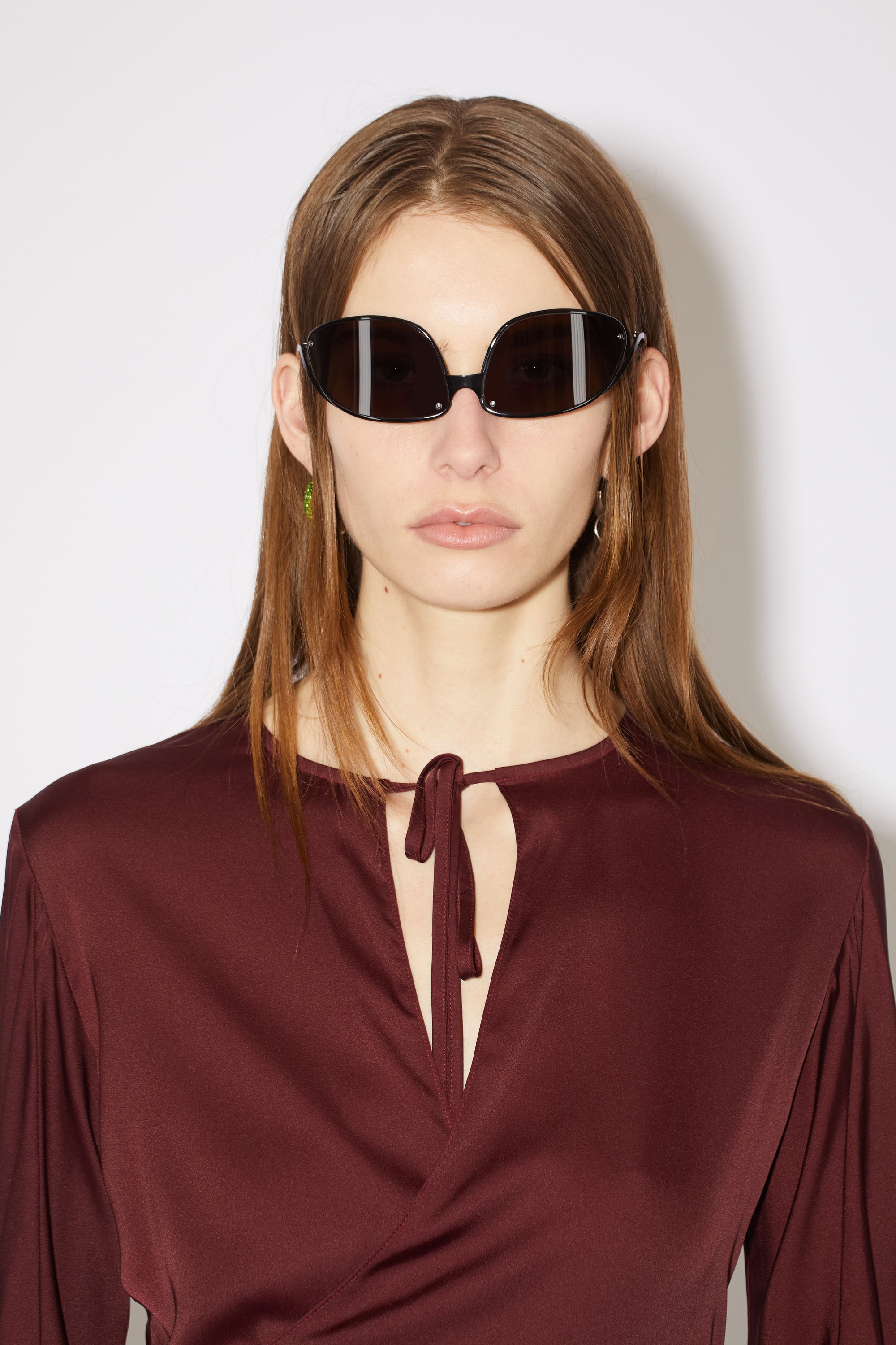 Satin long sleeve dress - Wine red - 5