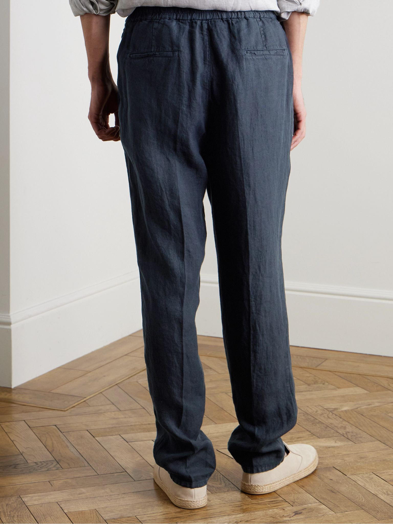 Straight-Leg Pleated Linen-Twill Drawstring Trousers Blue - 4