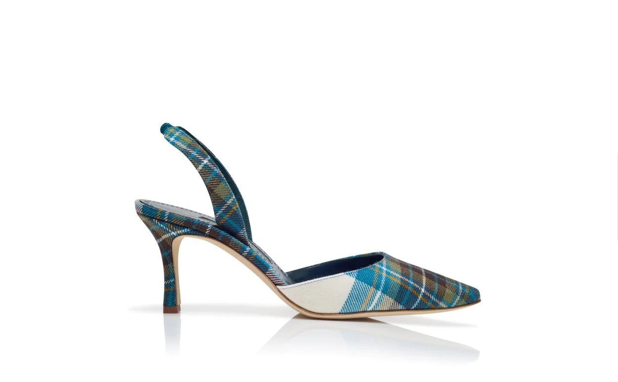 Blue Wool Tartan Slingback Pumps - 1