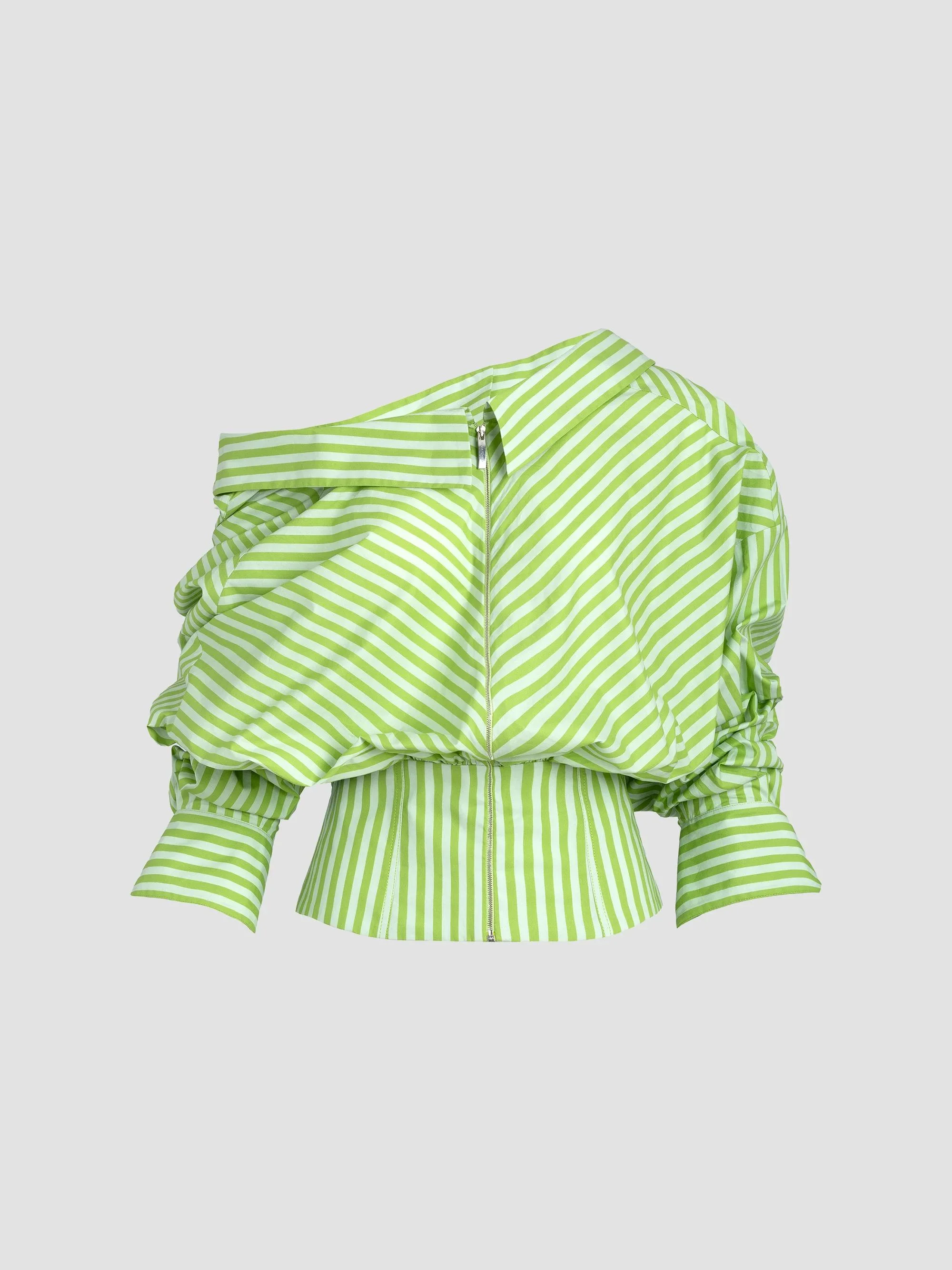Women's Skye Striped Cotton Asymmetric Blouse - Green Stripes - 1