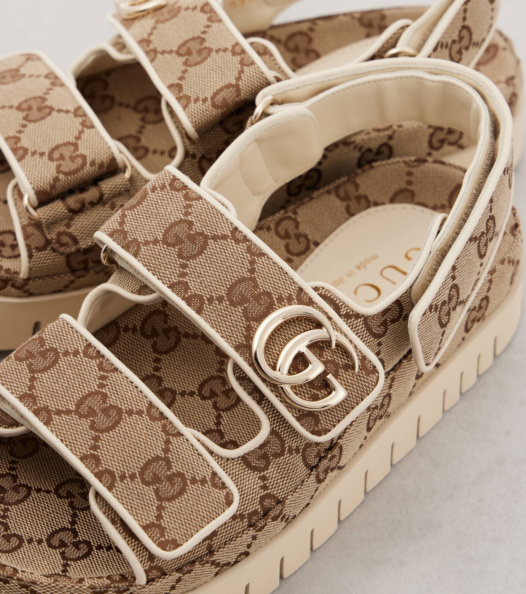 GUCCI New Marmont GG leather-trimmed sandals | mytheresa