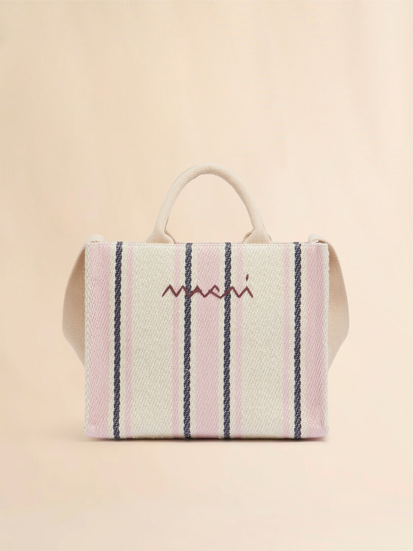 CREAM PINK AND BLUE STRIPED RAFFIA-EFFECT SMALL TOTE BAG. - 1