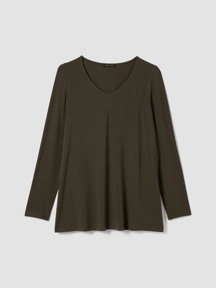 Fine Stretch Jersey Knit V-Neck Long Top - 1