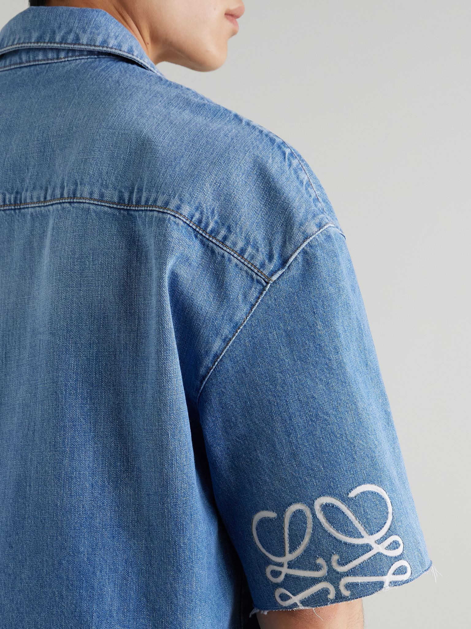 Camp-Collar Cutout Frayed Denim Shirt Blue - 5