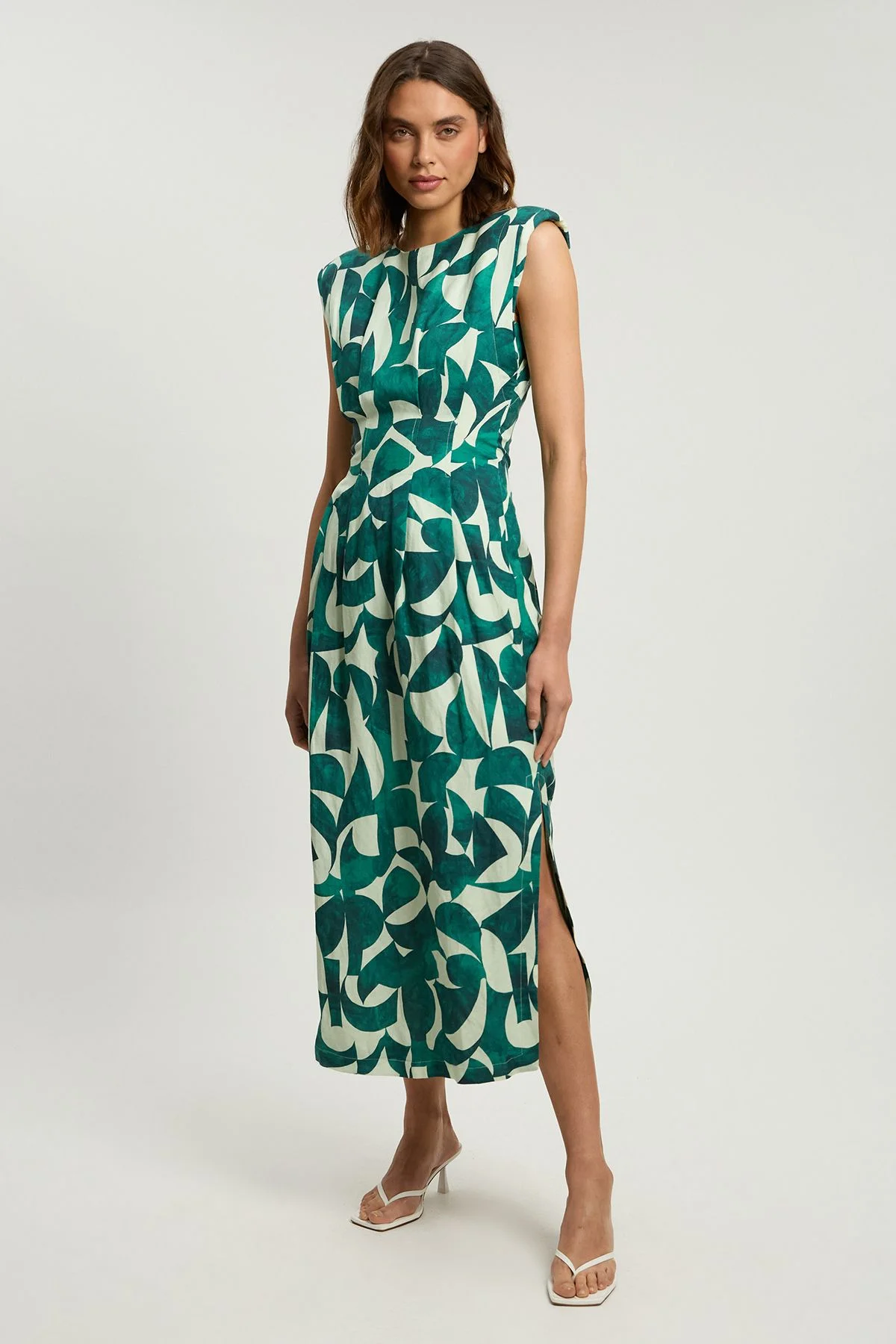 Viscose linen geo print woven pintuck midi dress - 1