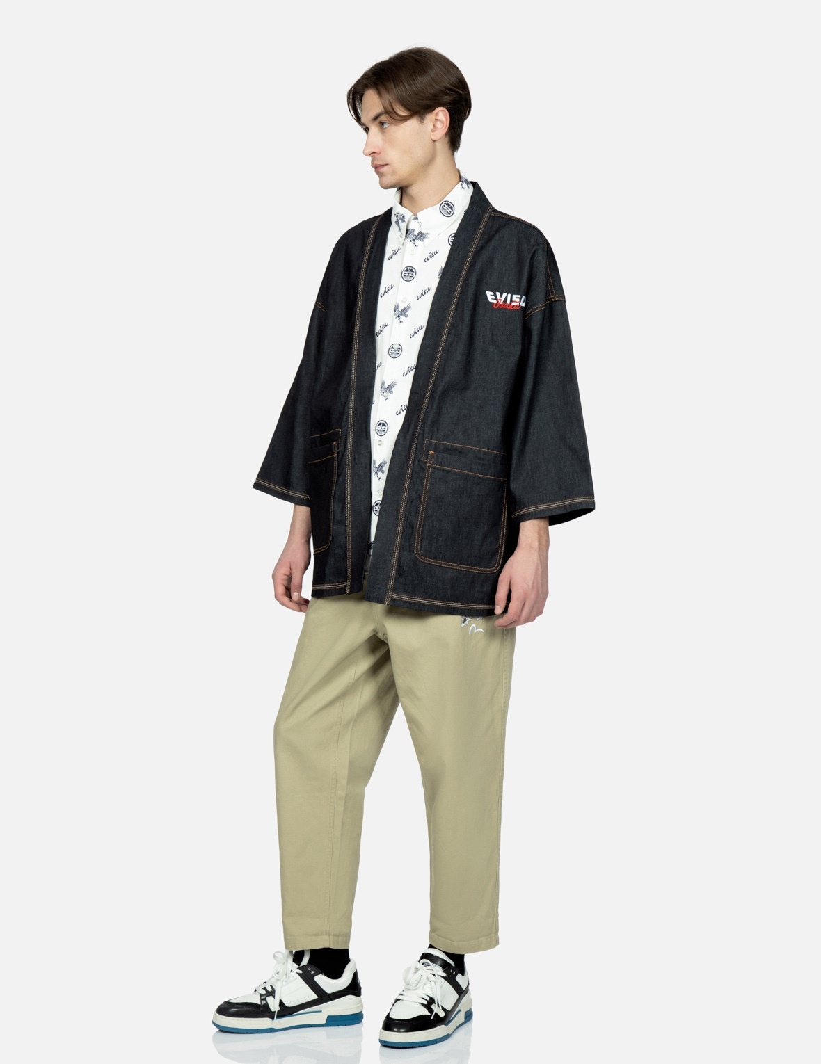 BROCADE-PATTERN KAMON PRINT DENIM KIMONO - 4