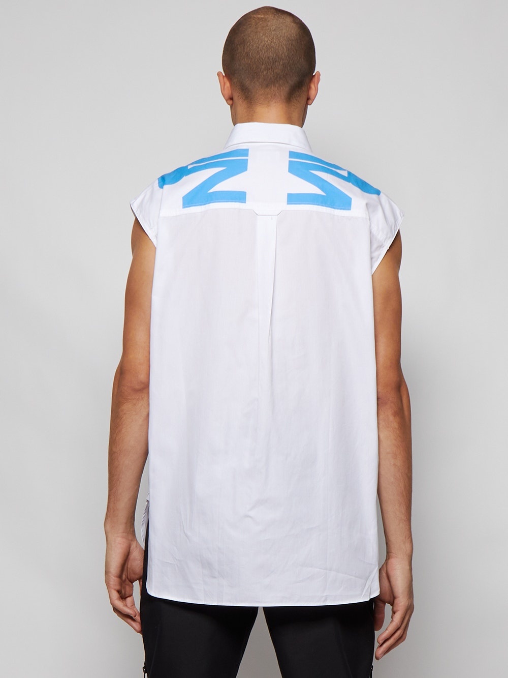 Sleeveless Slogan Print Cotton Poplin Shirt Blue Topaz - 5