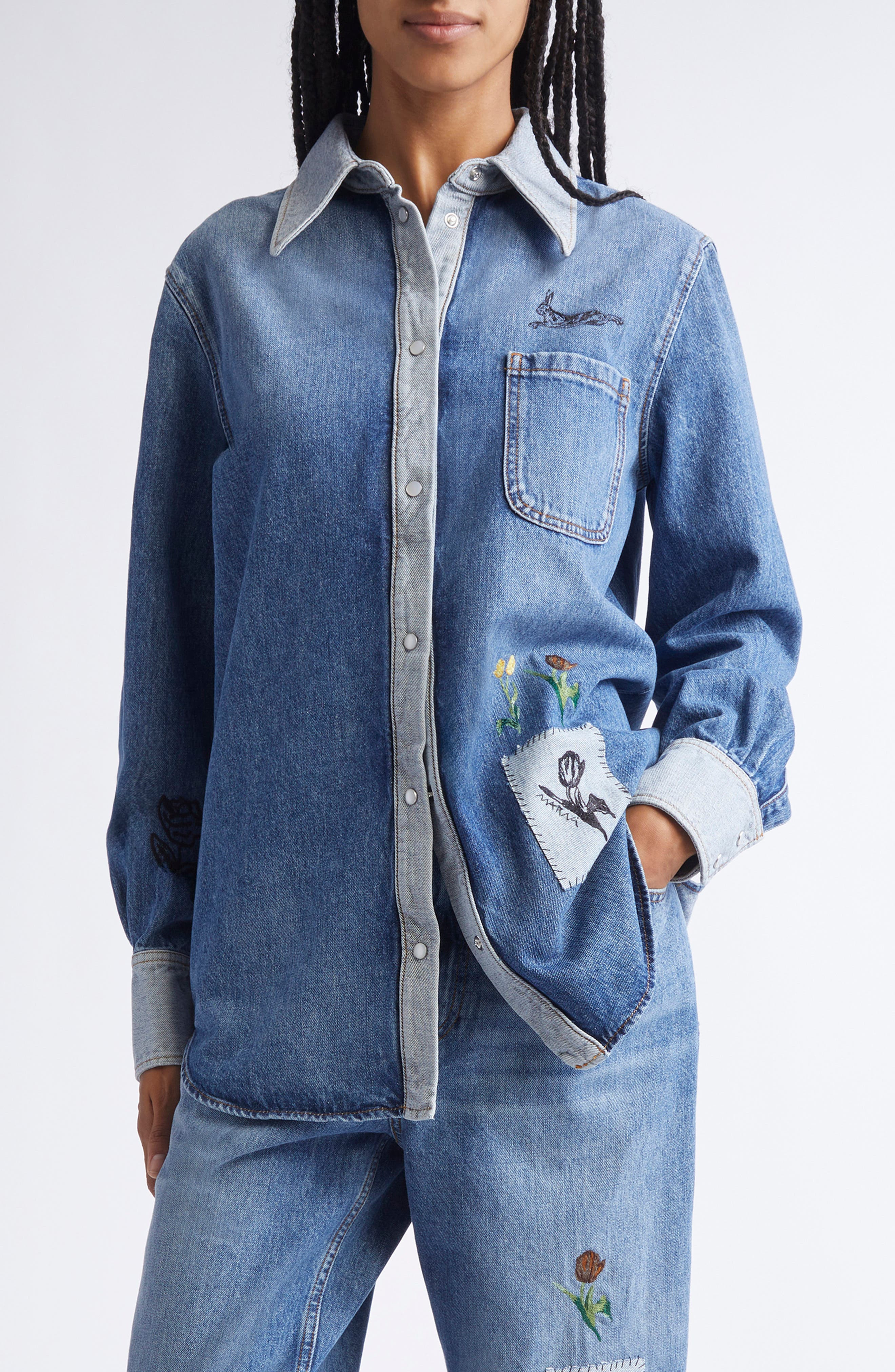 Marni Embroidered Denim Pearl Snap Shirt in 00B52 Azure at Nordstrom - 1