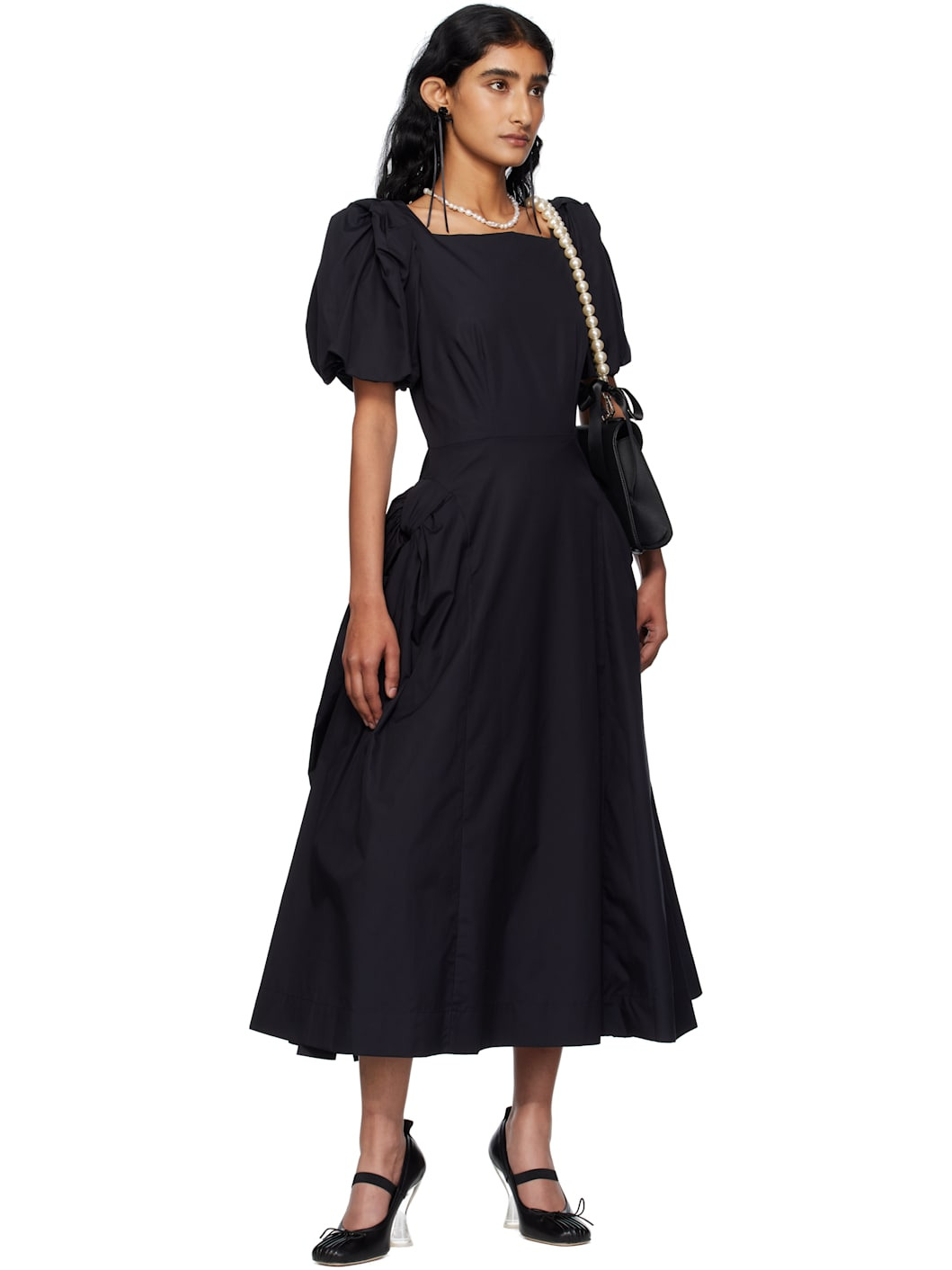 Black Bow Puff Sleeve Hip Midi Dress - 4