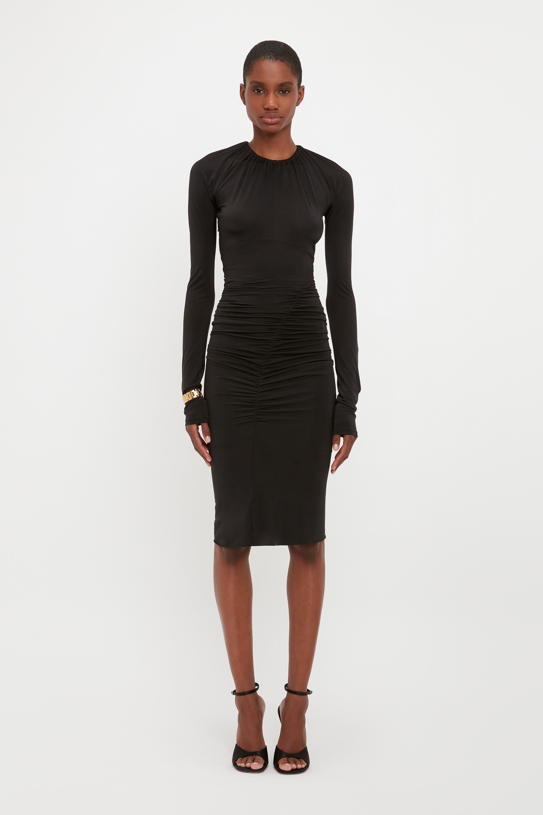 Long Sleeve Fitted Dress In Black - 2