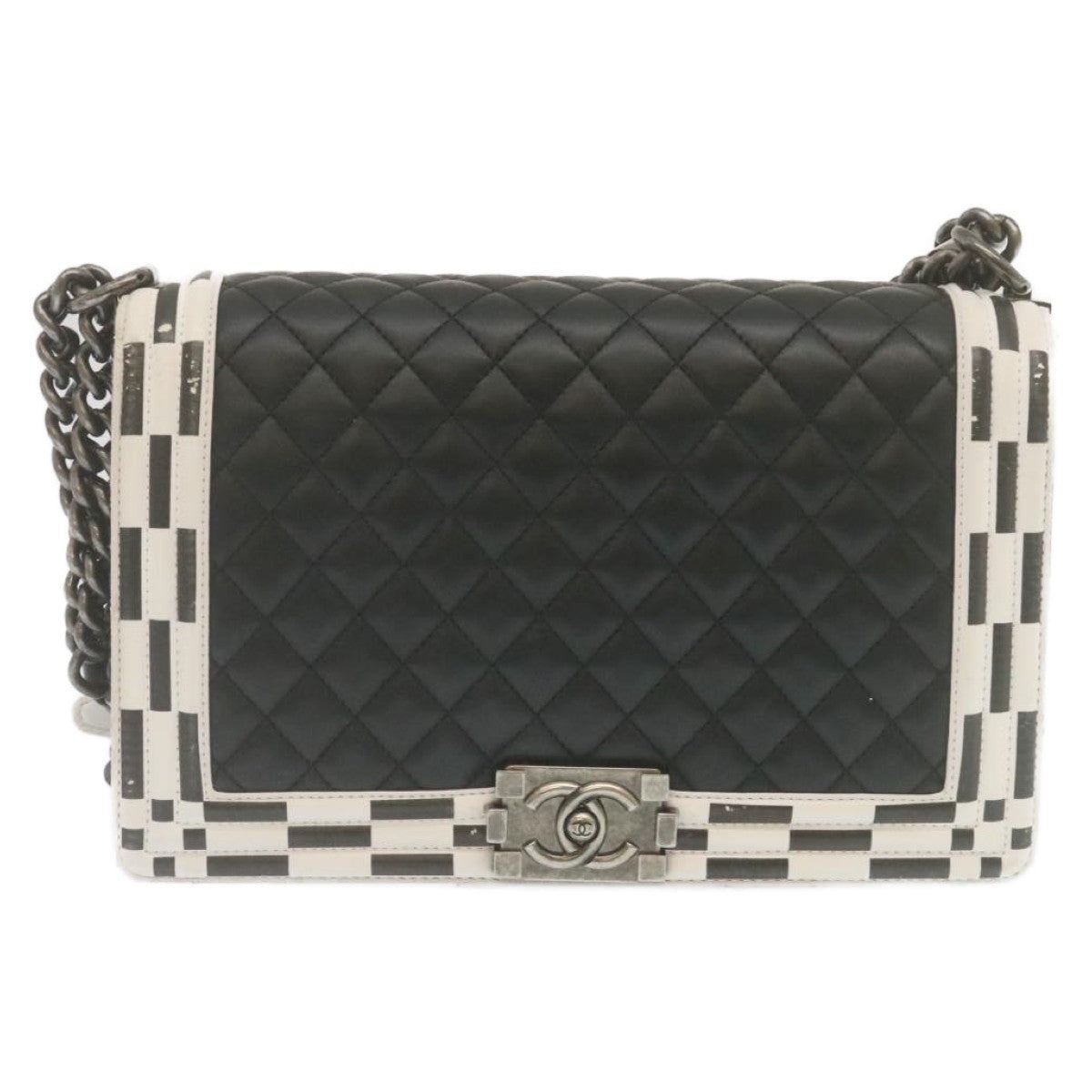CHANEL Matelasse Boy CHANEL Chain Shoulder Bag Lamb Skin Black CC - 13