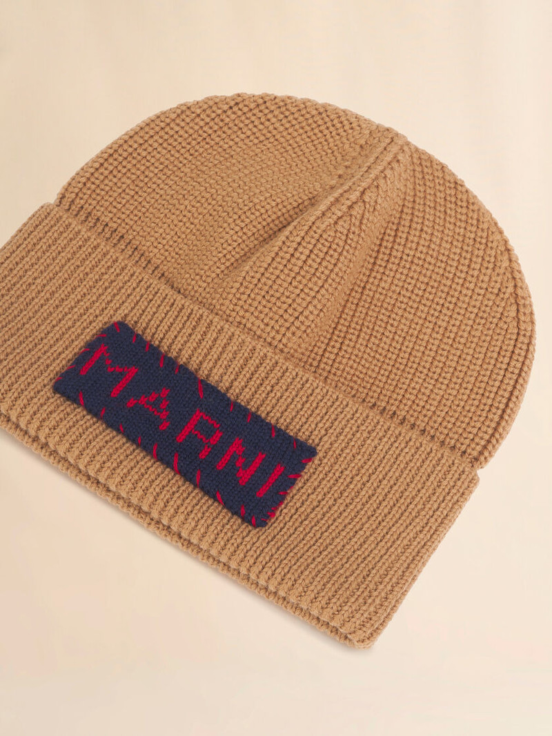 TAN WOOL FISHERMAN'S RIB BEANIE WITH MARNI PATCH 4