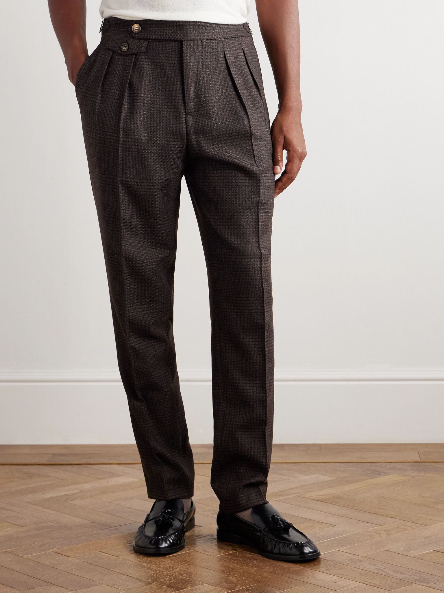 Straight-Leg Pleated Prince of Wales Wool, Cashmere and Silk-Blend Suit Trousers Brown - 3