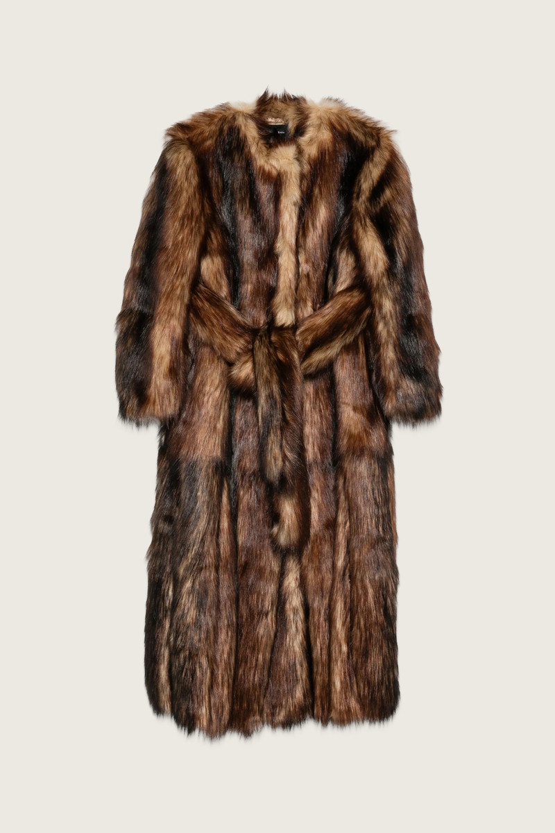 Belted Faux Fur Long Multi Slit Coat 1