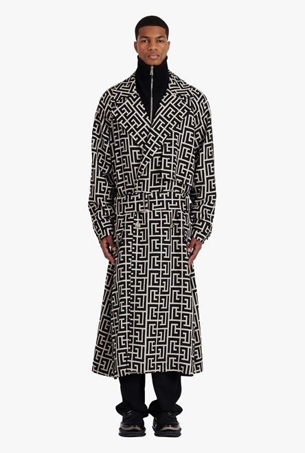 Bicolor ivory and black wool trench coat with Balmain monogram - 4