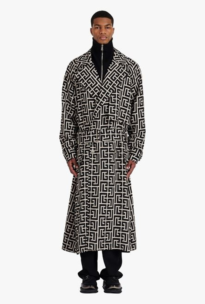 Bicolor ivory and black wool trench coat with Balmain monogram 4