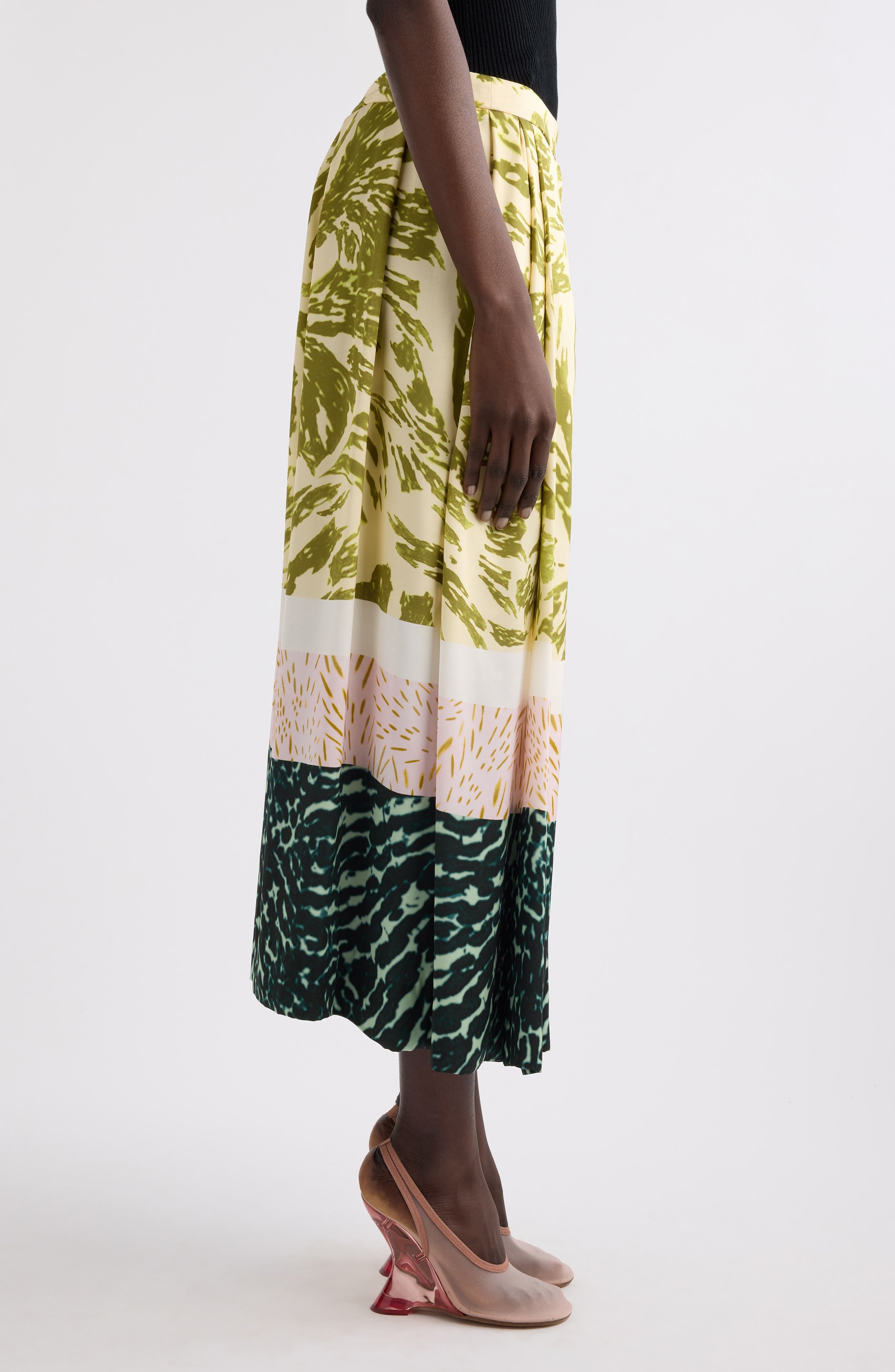Dries Van Noten Mixed Print A-Line Midi Skirt in Khaki at Nordstrom - 4