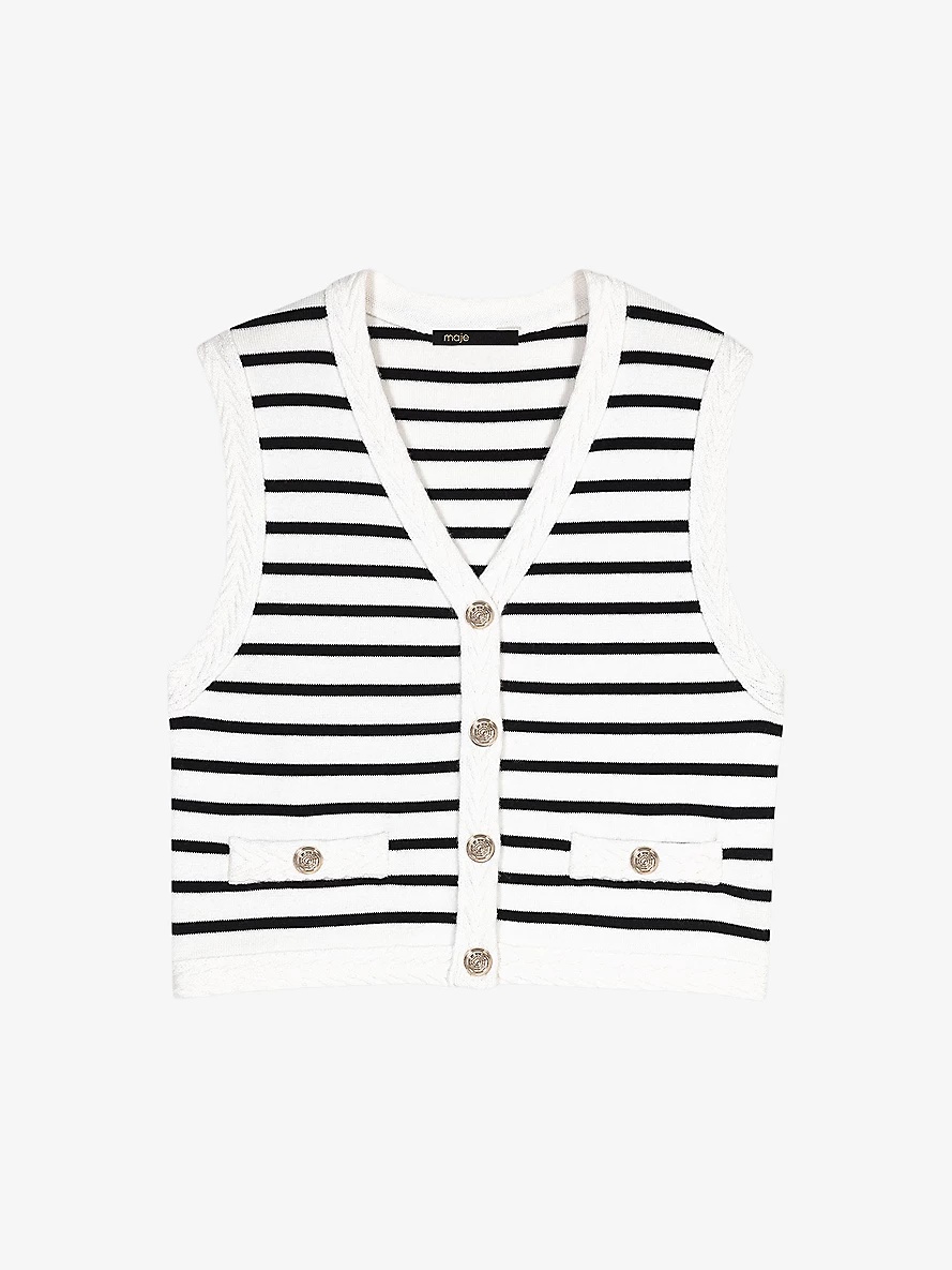 V-neck sleeveless striped stretch-knit cardigan - 1