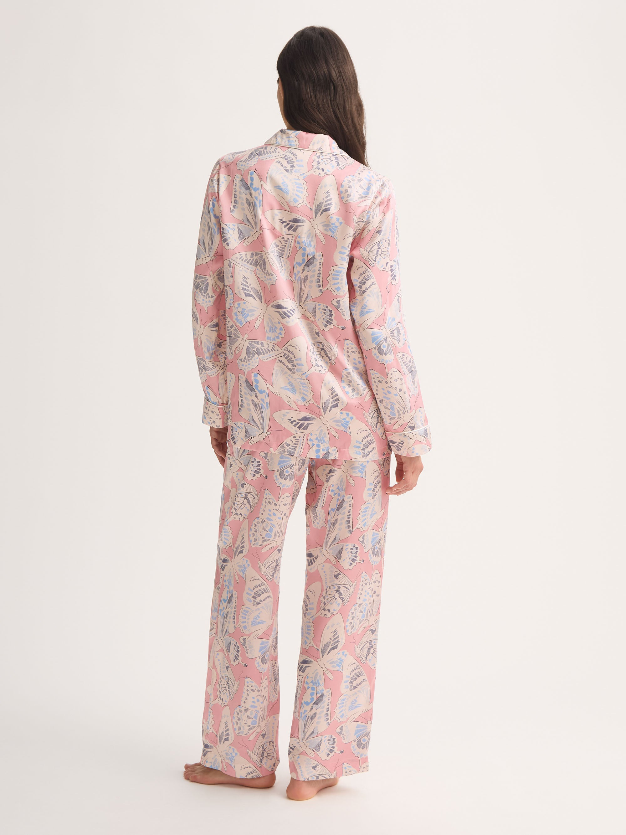 Women's Silk Pajamas Pink Multicolor Butterfly Print - 5