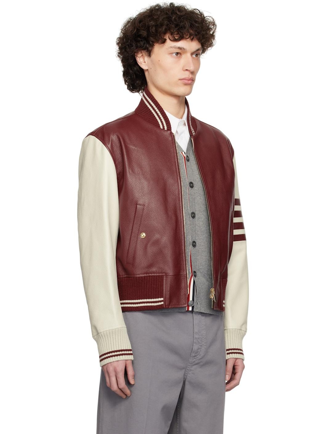 Burgundy & Off-White Classic 4 Bar Leather Bomber Jacket - 2