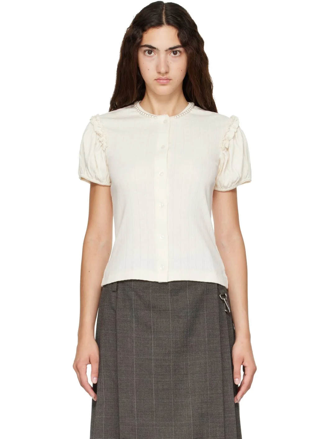 Off-White Embellished Pointelle Puff Sleeve Cardigan - 1
