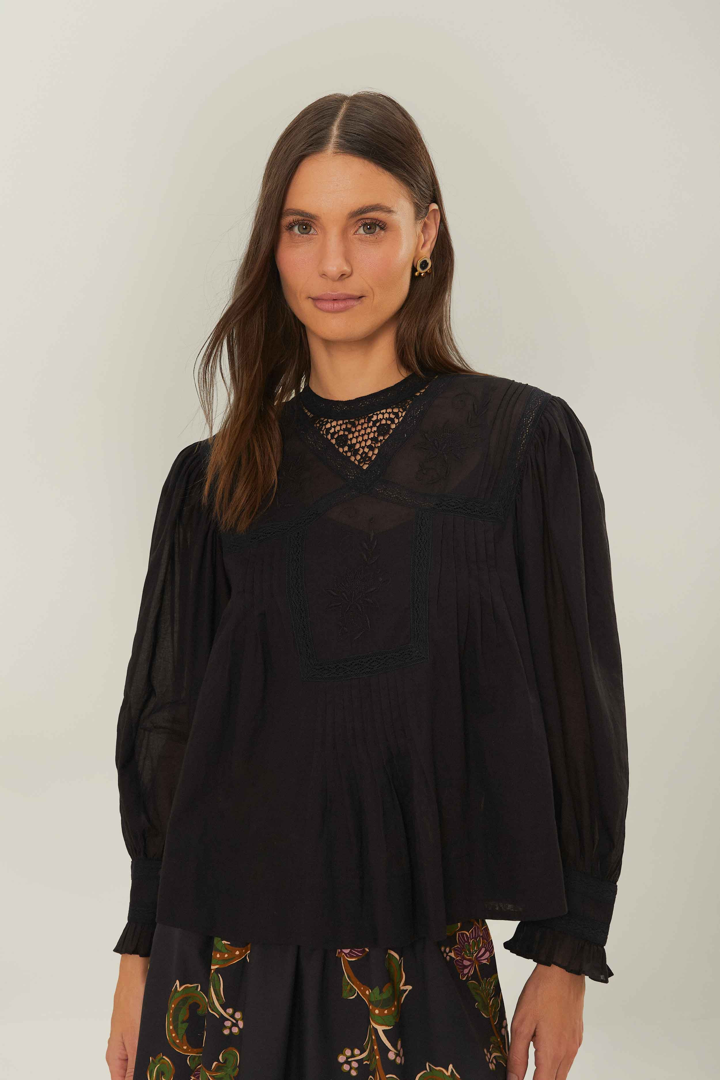 Black Short Sleeve Collar Blouse - 1