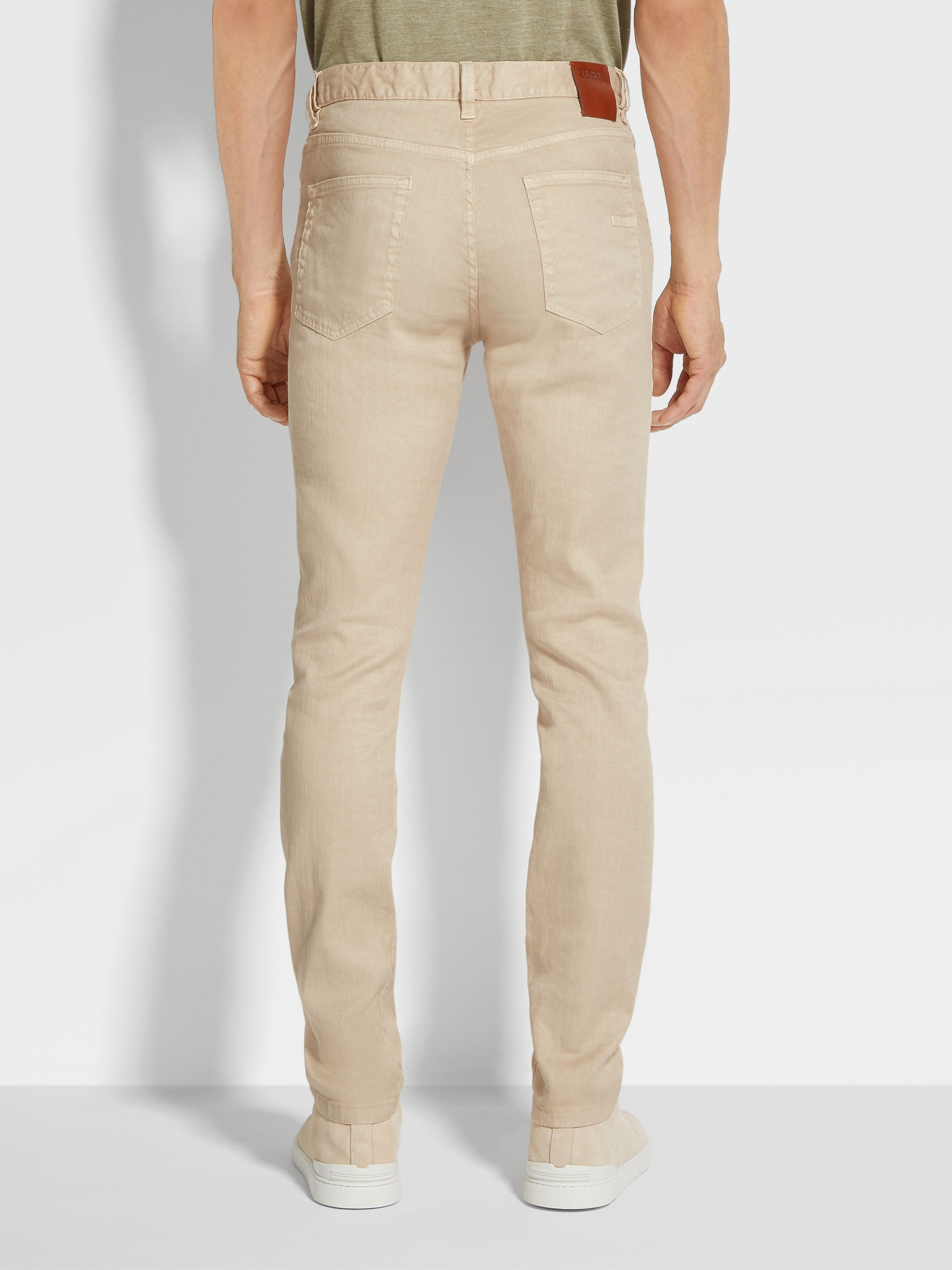 LIGHT BEIGE STRETCH LINEN AND COTTON ROCCIA JEANS - 5
