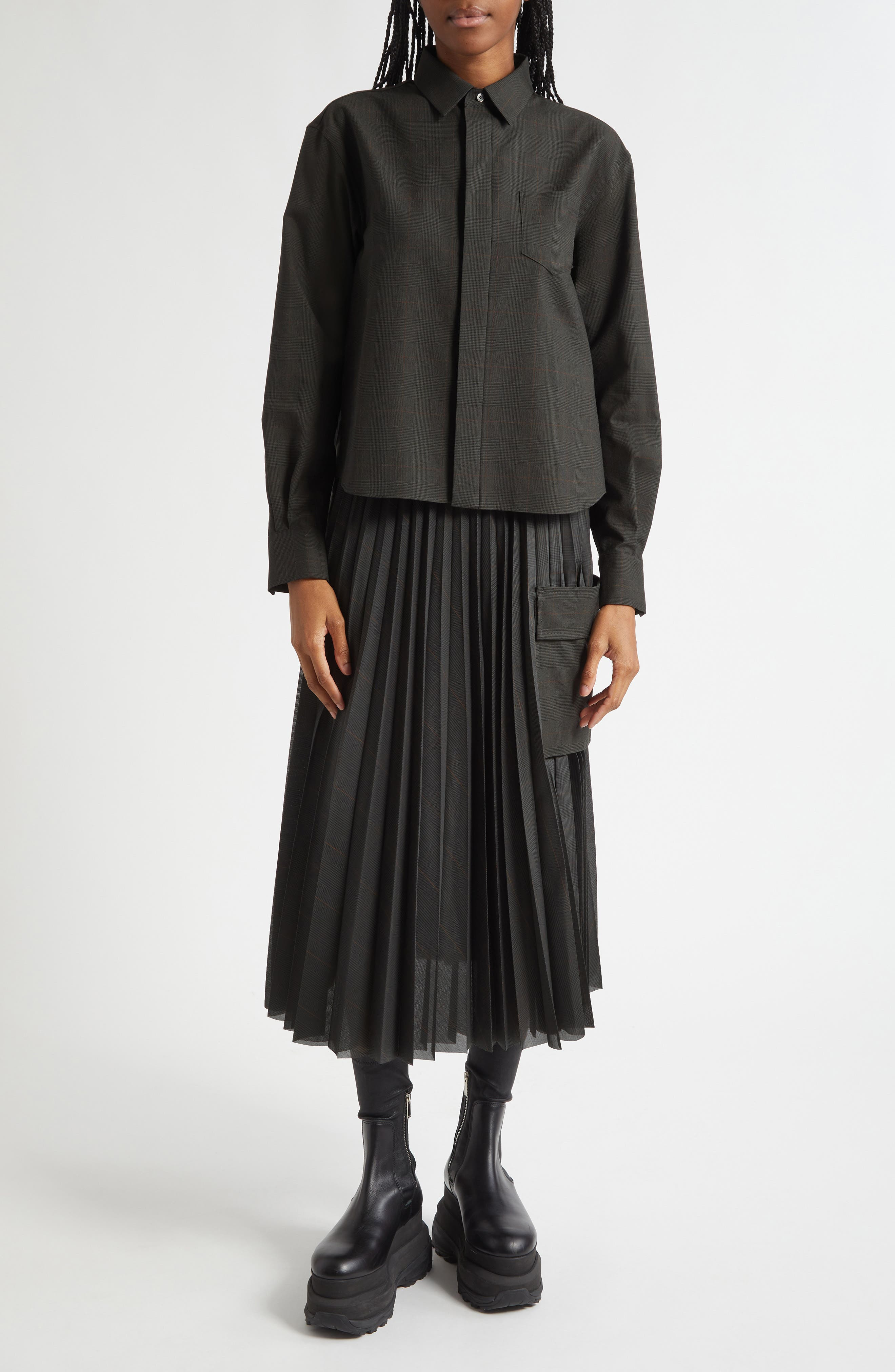 Sacai Glen Check Mixed Media Button-Up Shirt in Black/Khaki at Nordstrom - 2