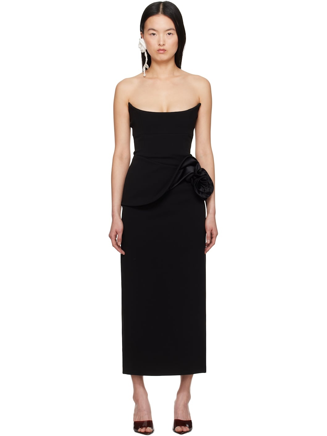 Black Floral Appliqué Bustier Midi Dress - 1