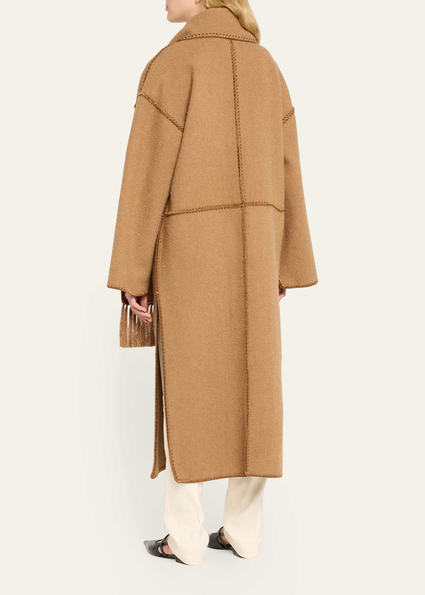 Fringe Embroidered Scarf Wool Coat - 3