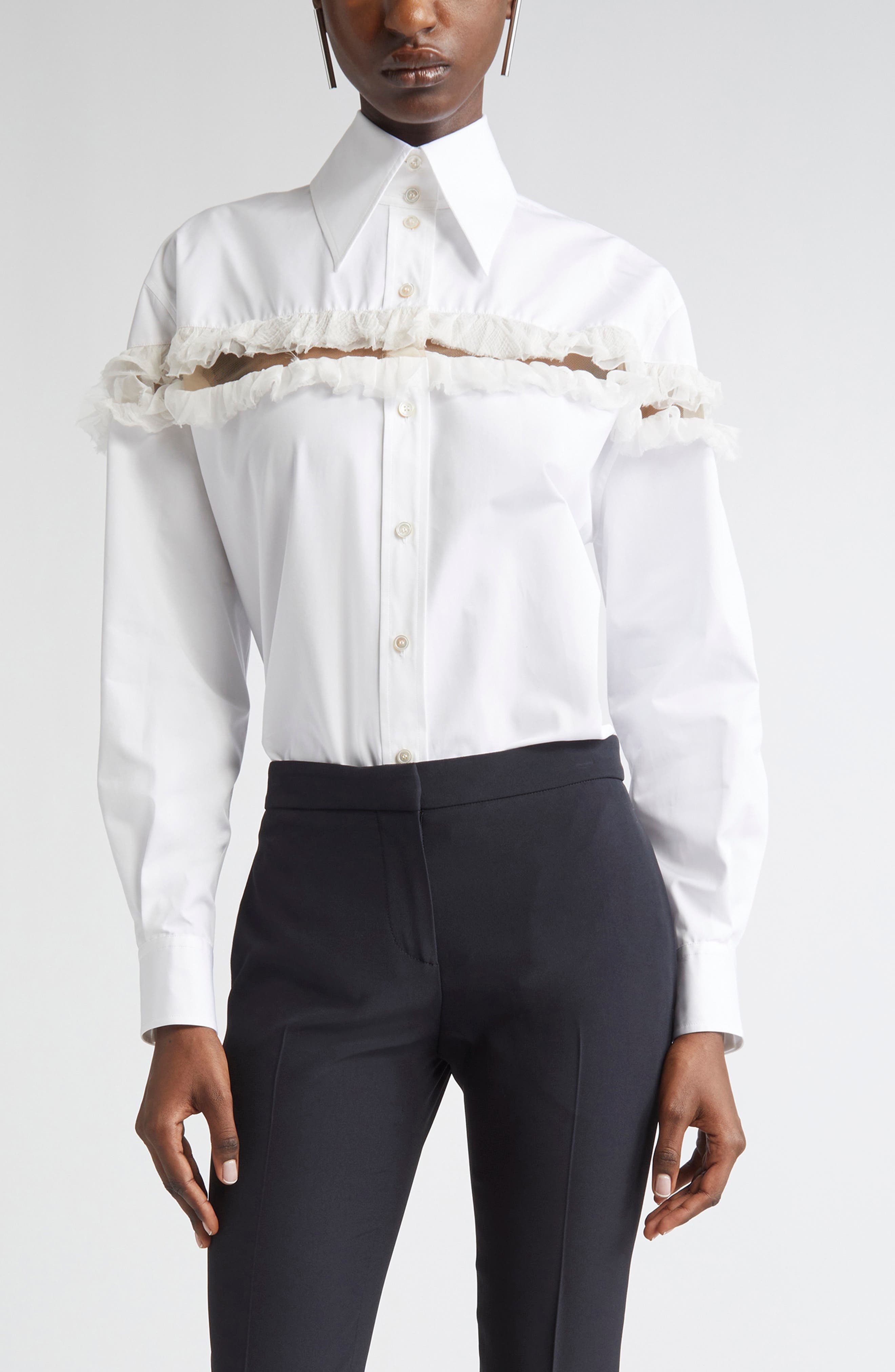 McQueen Ruffle Mesh Inset Cotton Button-Up Shirt in Optical White at Nordstrom - 1