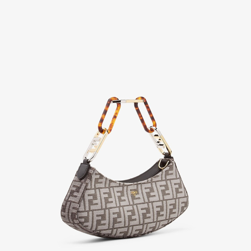 Pouch made of chenille with dark gray FF tapestry motif and zipper closure, decorated with Fendi Rom 2