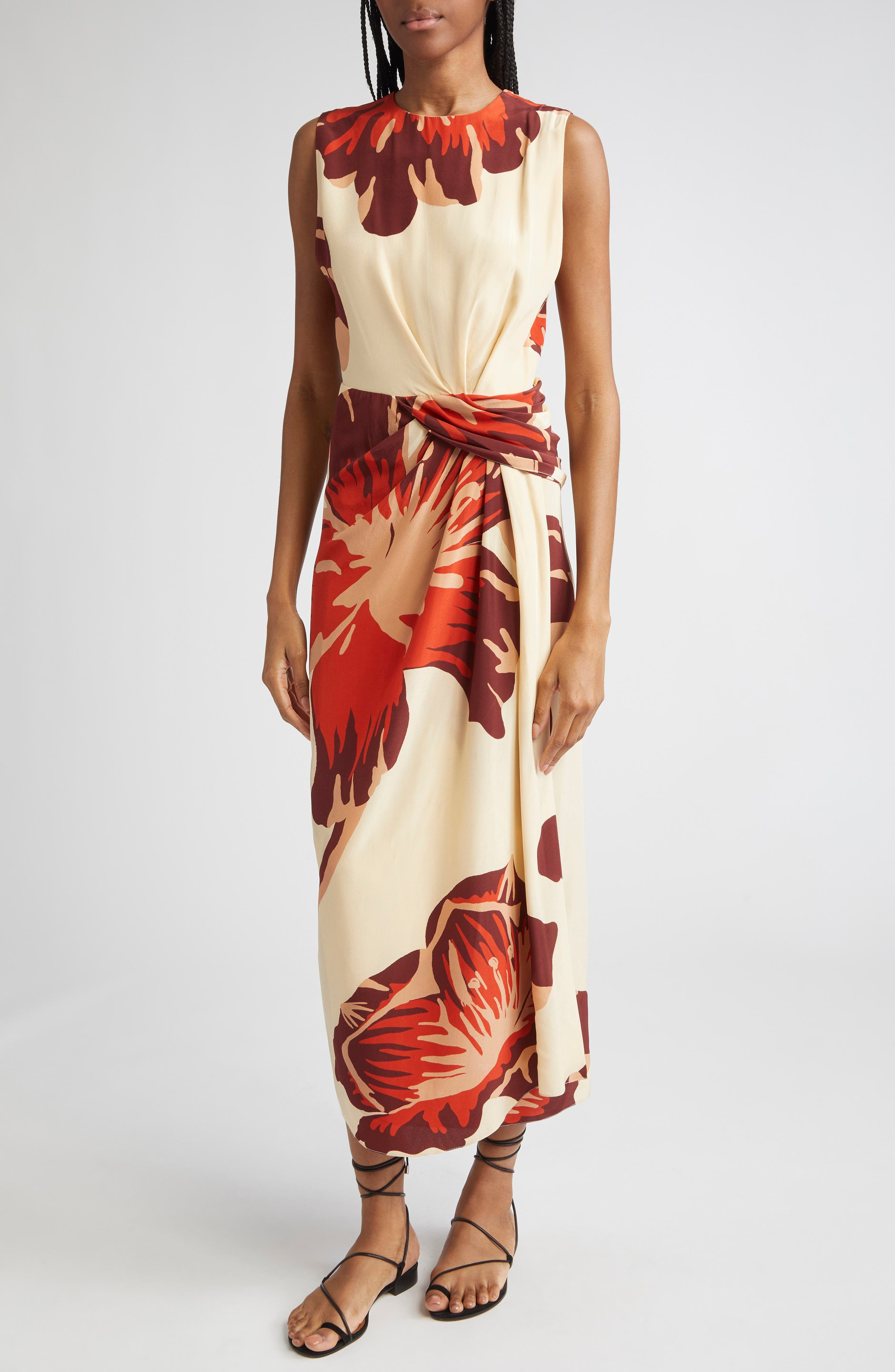 Johanna Ortiz Odyssey Floral Print Dress with Removable Cape in Ecru /Wine /Red /Pink at Nordstrom - 3