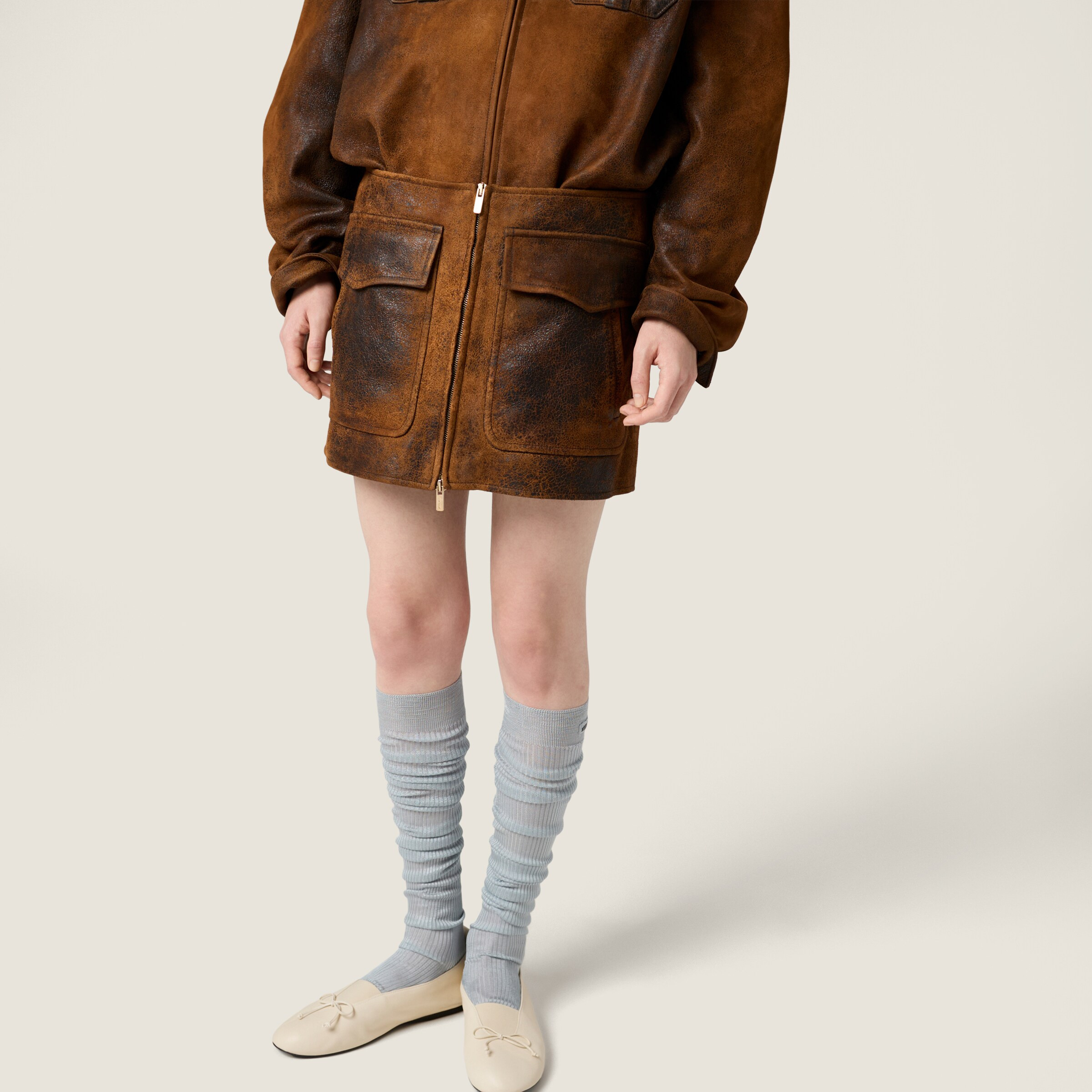 Waxed suede leather mini-skirt - 4