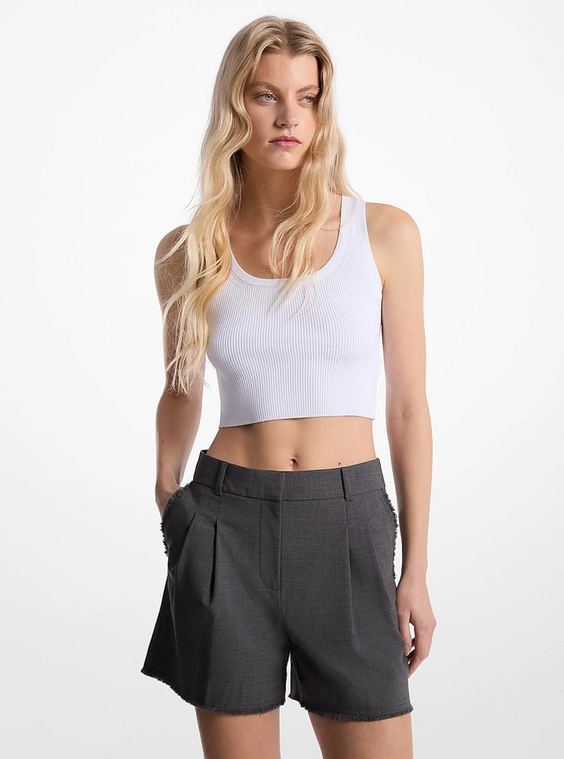 Frayed Stretch Wool Pleated Shorts 1