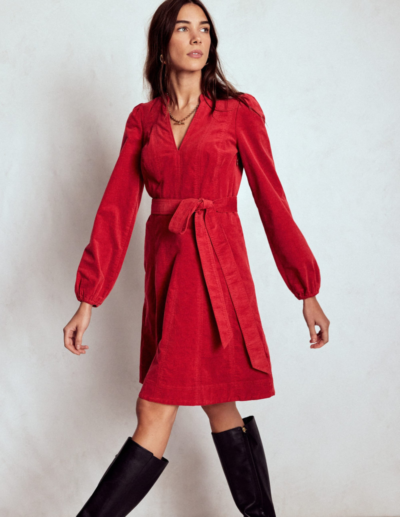Ros Panelled Cord Short Dress-Crimson Red 6