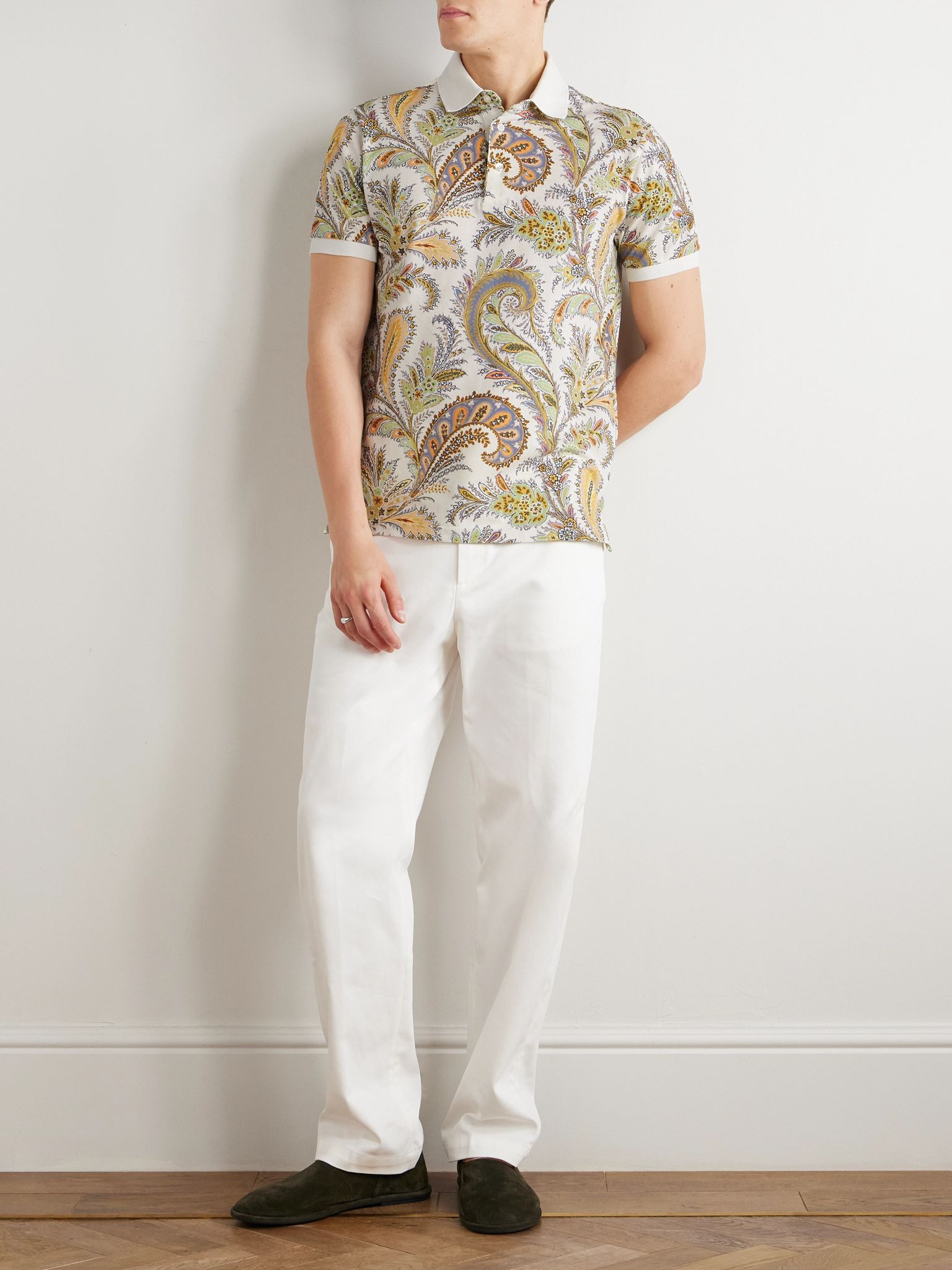 Roma Slim-Fit Paisley-Print Cotton-Piqué Polo Shirt Beige - 2