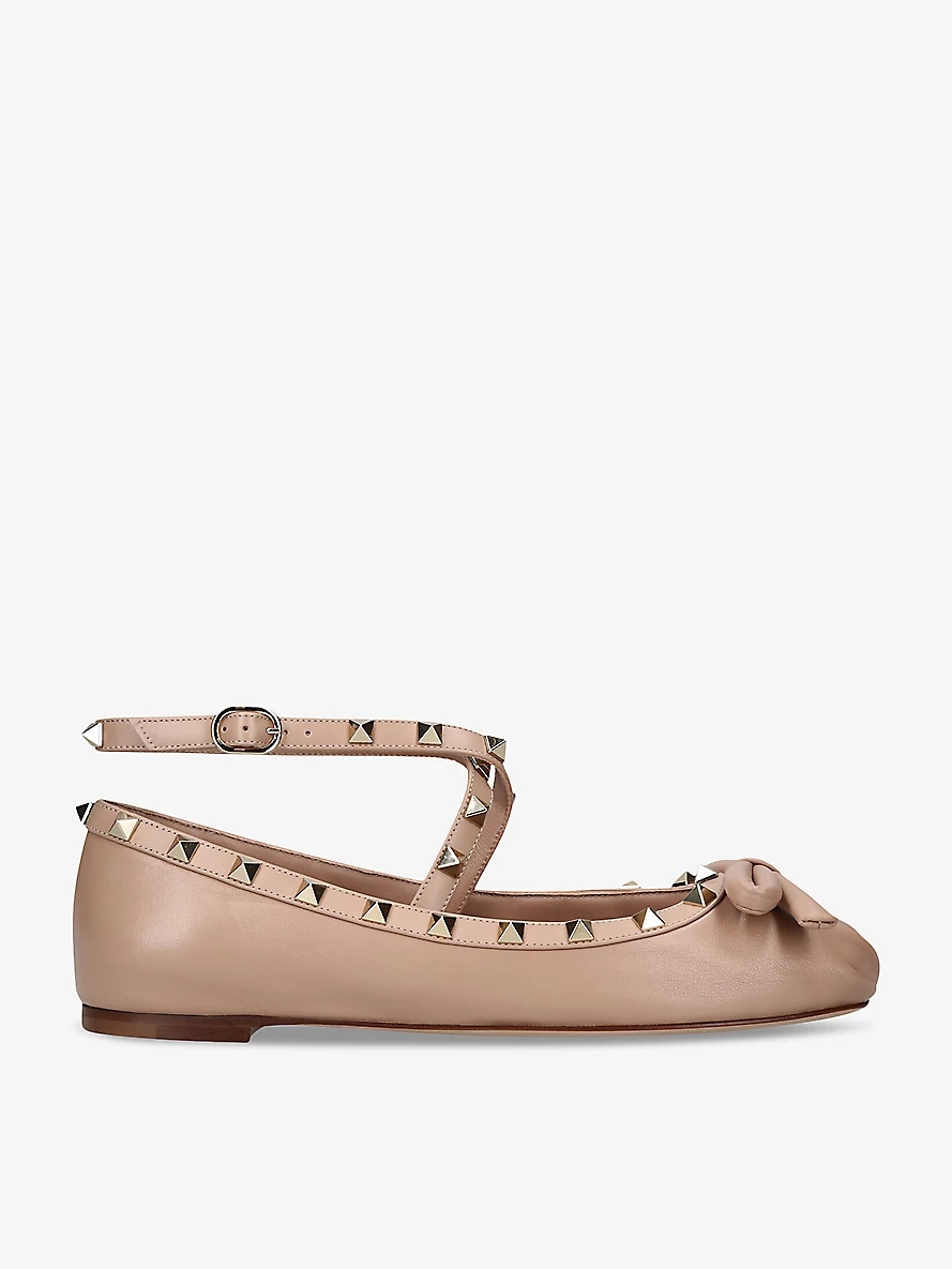 Rockstud bow-embellished crossover-strap leather ballet flats - 1