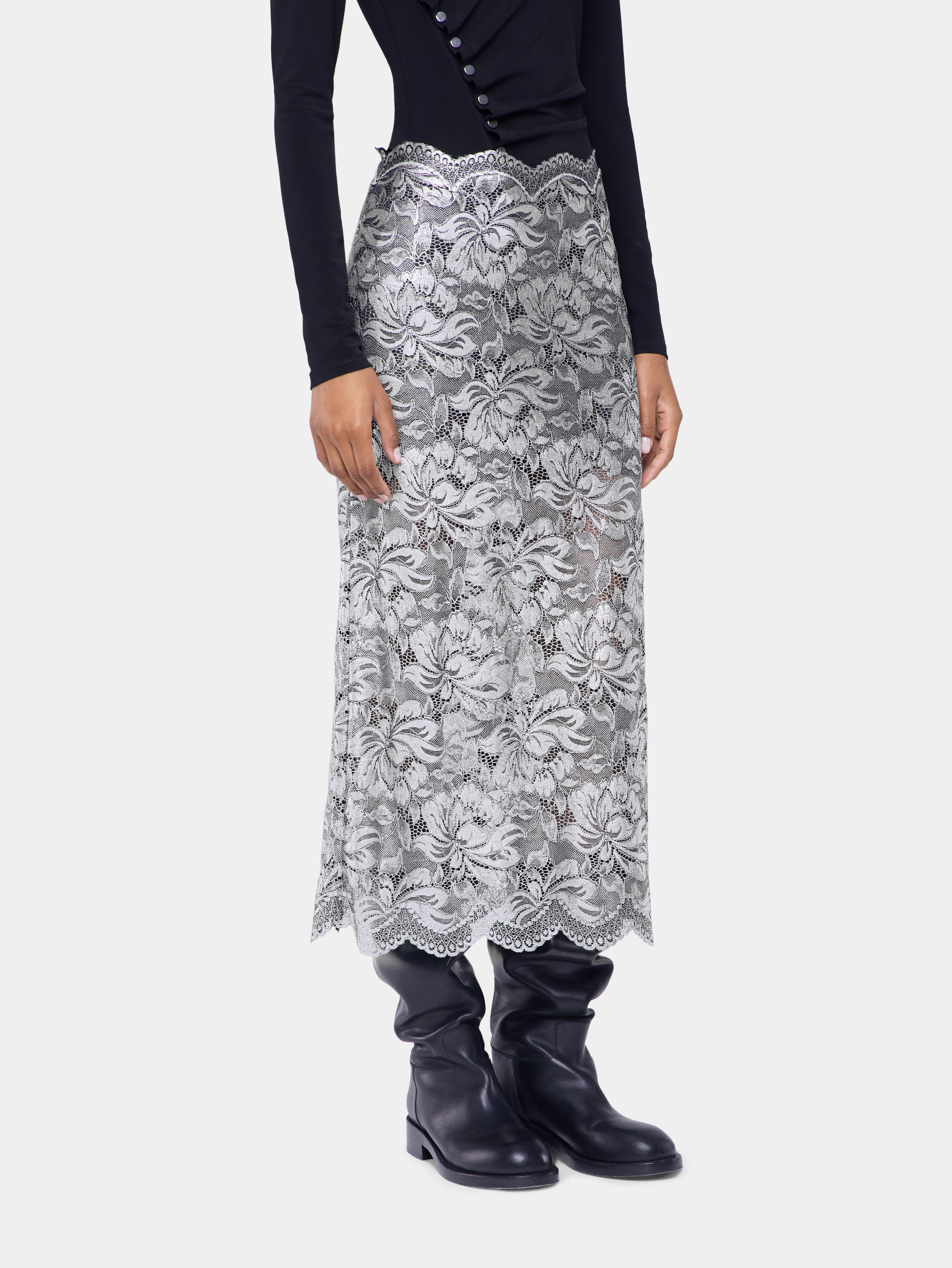 SILVER MIDI SKIRT IN LACE - 4